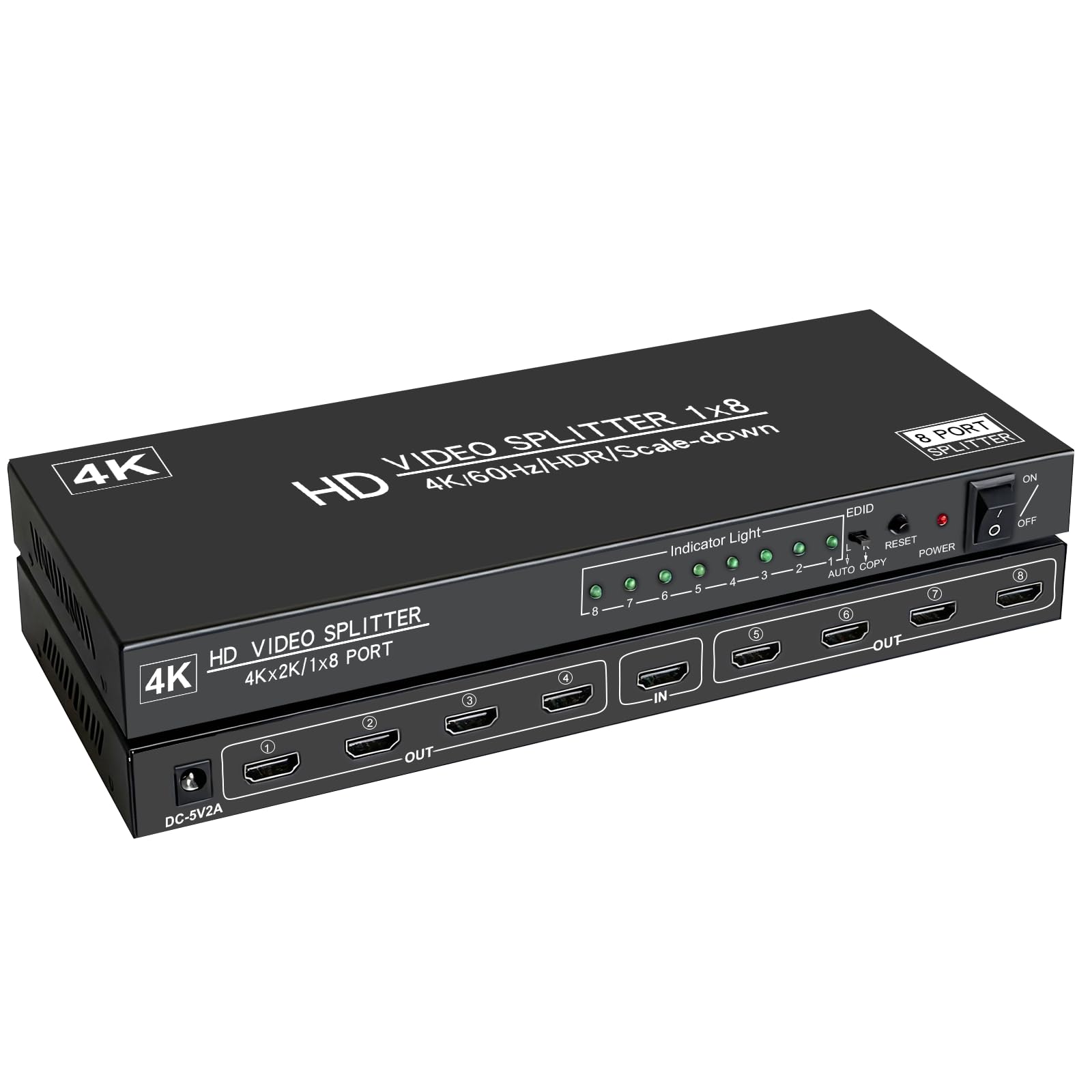 4K@60Hz 1x8 HDMI Splitter 4:4:4,18 Gbps,8 Port Powered HDMI 2.0 Splitter1 in 8 Out Support Auto Down Scaler, 4K 1080P Sync, HDR1