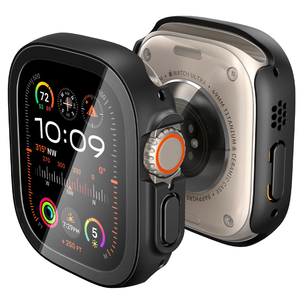 Spigen for Apple Watch Ultra 3/2/1 Case, Thin Fit 360 49mm Lightweight Hard PC Cover with Tempered Glass Screen Protector - Blac