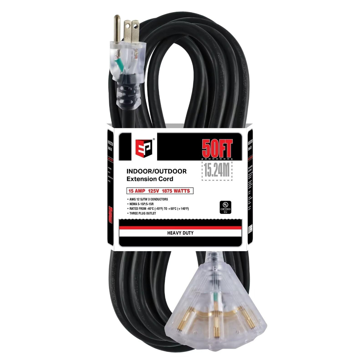 Ep 50 Ft Lighted Outdoor Extension Cord With 3 Electrical Power Outlets   12/3 Sjtw Heavy Duty Black Extension Cable With 3 Pron