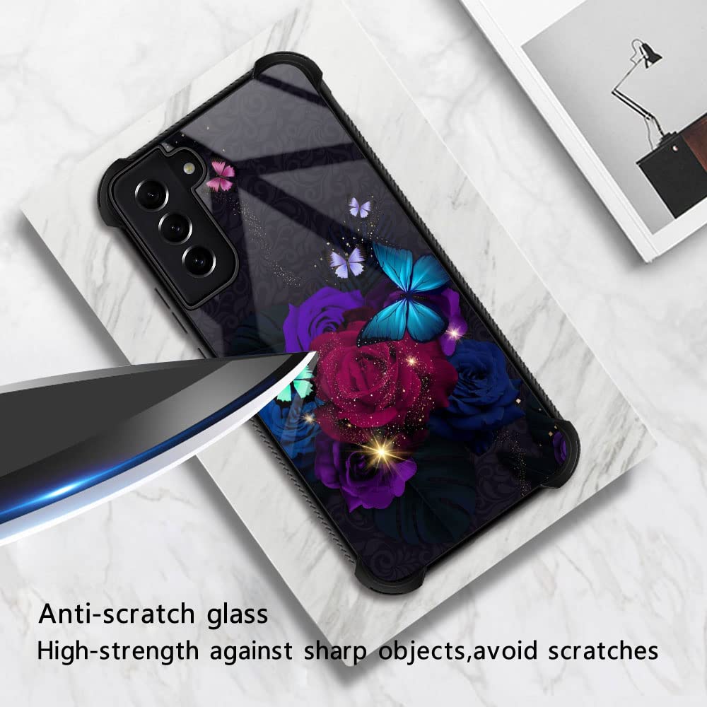 ZHEGAILIAN Phone Case Samsung Galaxy S21 FE 5G Butterfly Roses Anti-Scratch TPU Organic Glass Blue