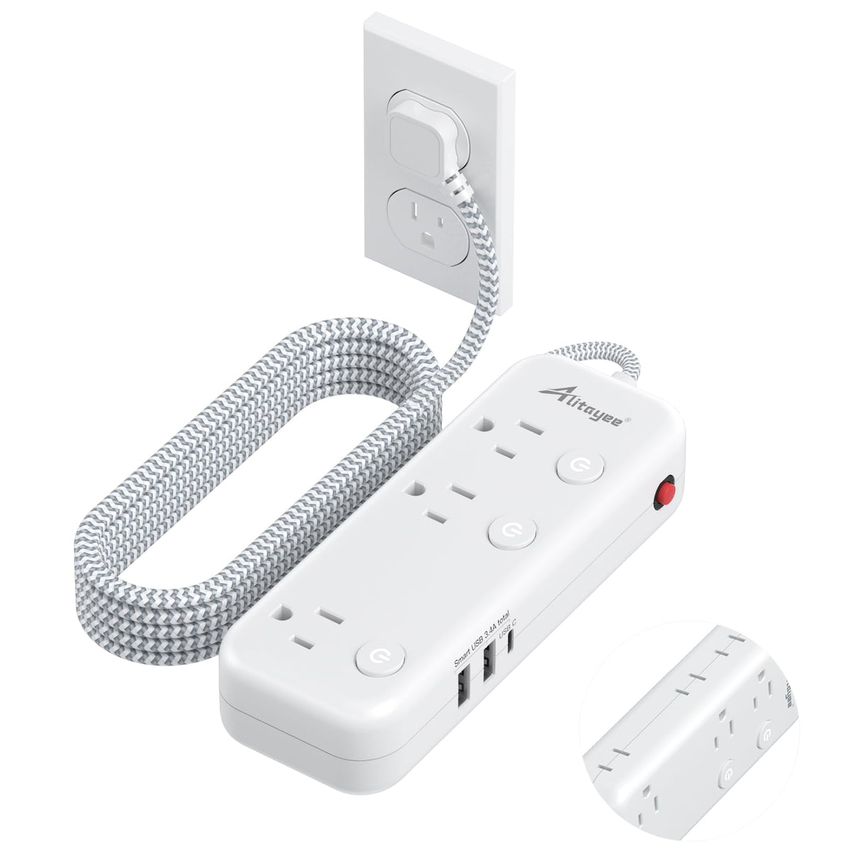Individual Switch Power Strip Surge Protector With 6 Outlets 3 Usb(17W Usb C), 5Ft Braided Cord Ultra Thin Flat Plug, 13A Wall M