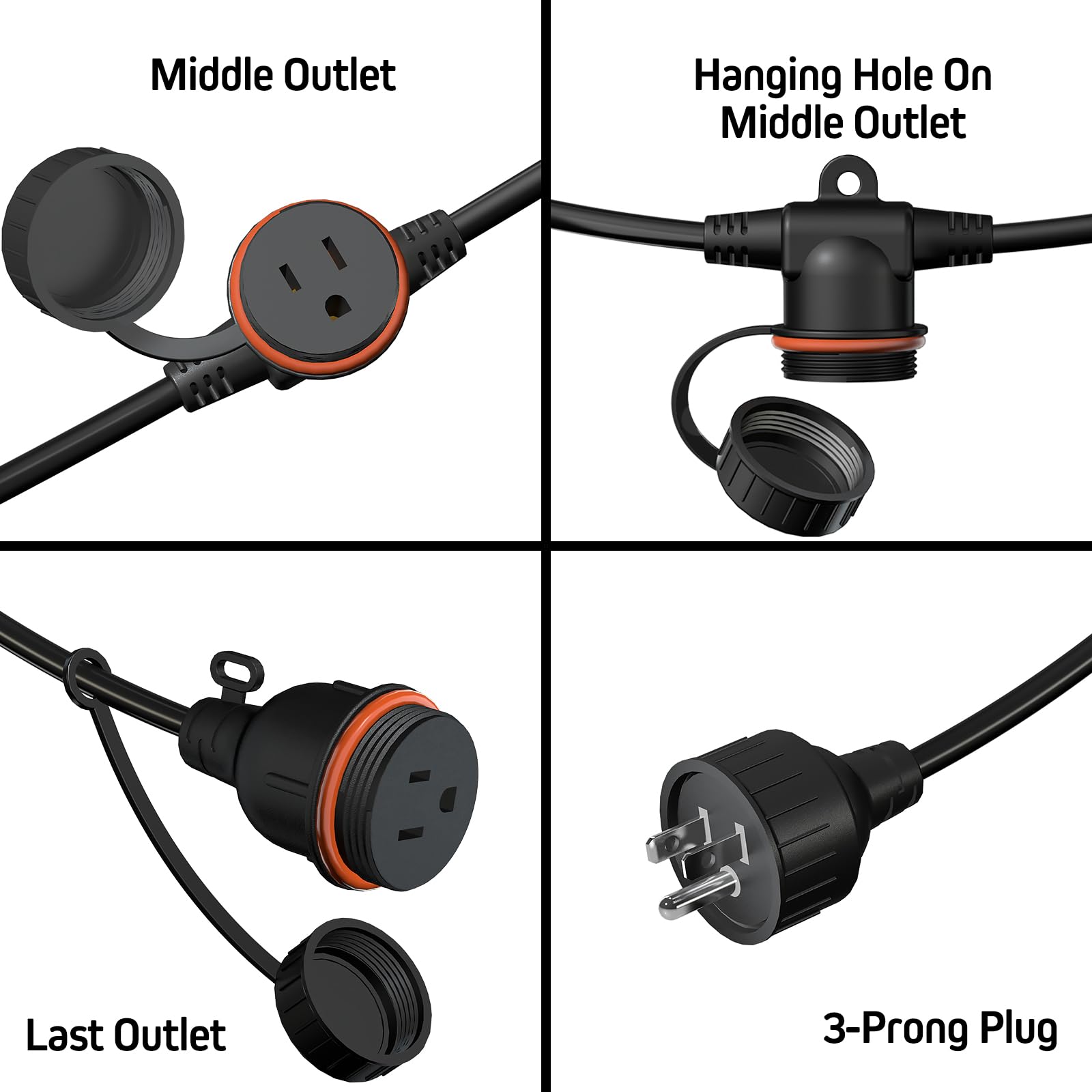 50Ft Black Outdoor Extension Cord, Evenly Spaced 6 Outlets Plugs With Waterproof Cover, 16/3 Sjtw Weatherproof Multiple Outlets