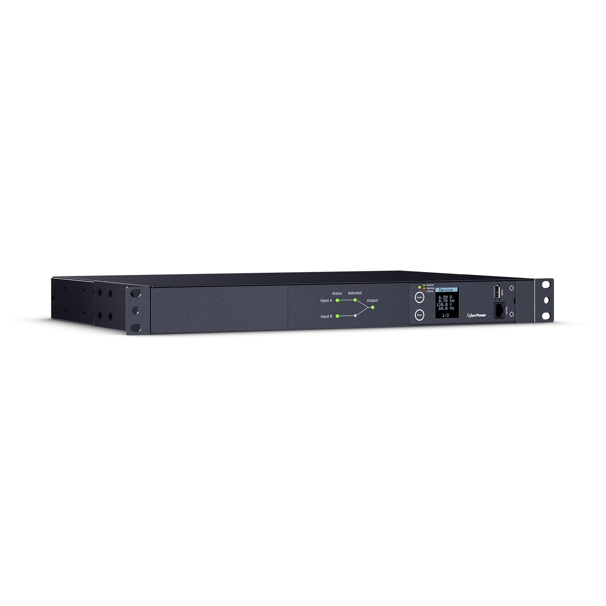 Cyberpower Pdu24002 Metered Ats Pdu, 100 120V, 20A (Derated To 16A), 10 Outlets, 1U Rackmount