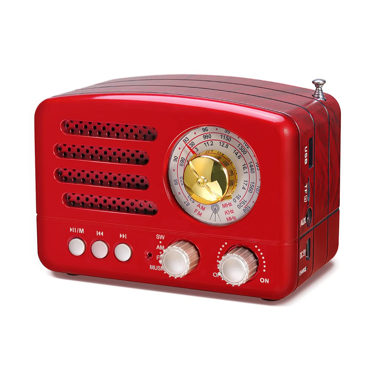 Prunus J 160 Small Retro Vintage Radio With Bluetooth, Portable Transistor Radio Am Fm, Rechargeable Battery Operated, Support Tf Card Aux Usb Mp3 Player (Red)