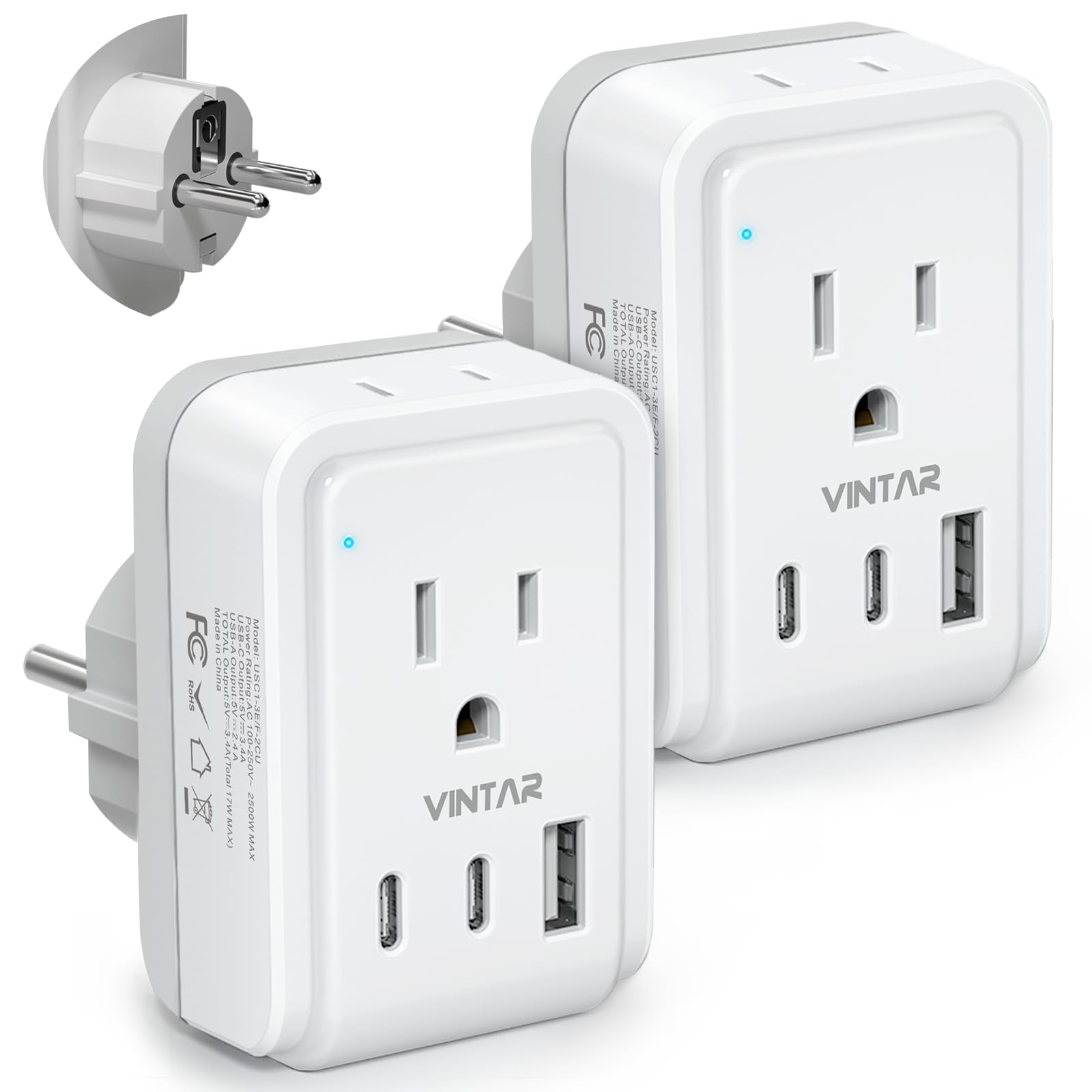 2 Pack Type E F Plug Adapter, Vintar Germany France Travel Plug Adapter With 3 Usb Ports(2 Usb C) And 2 Outlets, 5 In 1 Schuko T