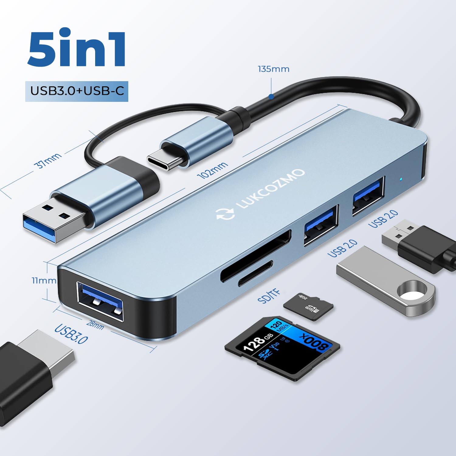Lukcozmo Usb Hub 5 Ports, Multiple Usb Hub 3.0 & Tf/Sd Card Reader, Usb Splitter 5 In 1 Usb Extender Compatible With Macbook/Pad