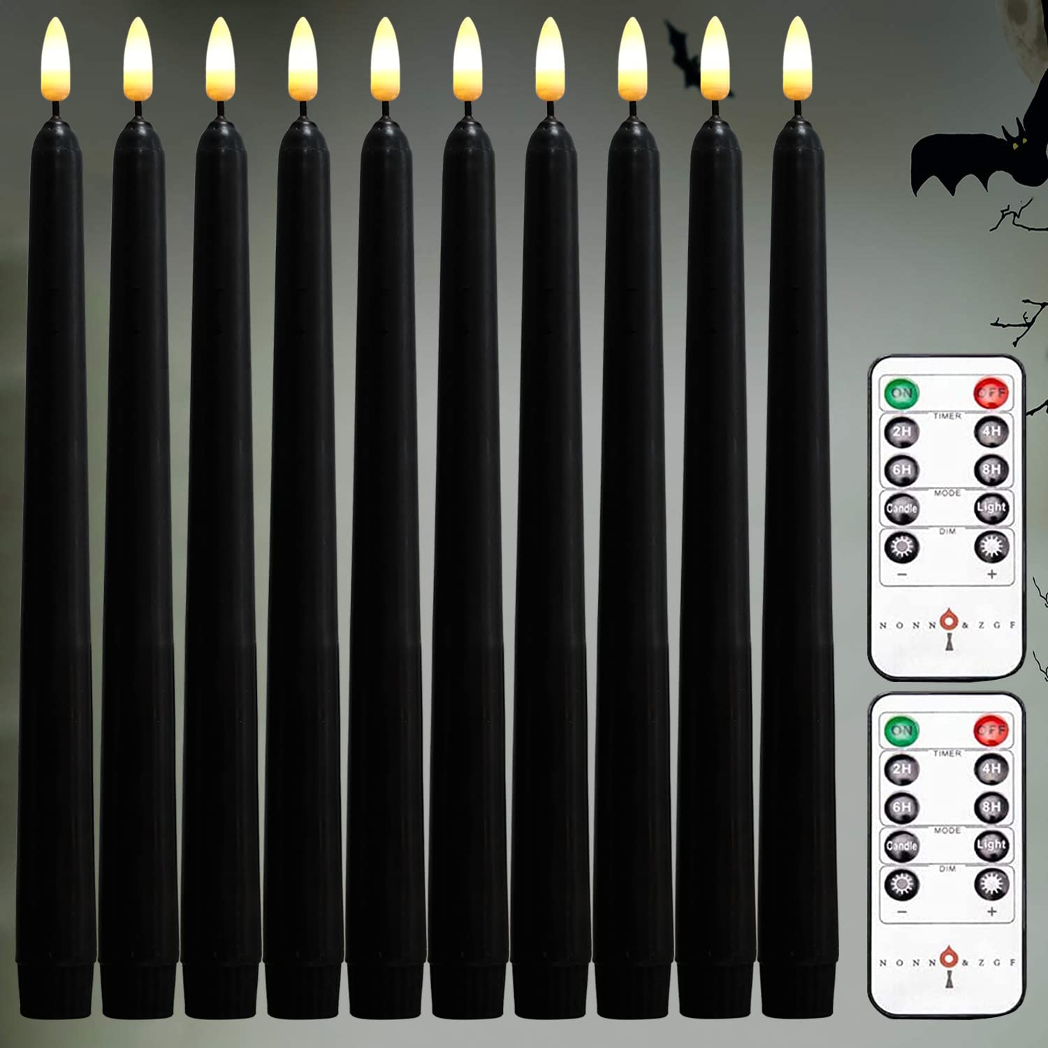 Nonno & Zgf 10 Pack Black 11'' Led Wax Covered Taper Candles With 2 Remote Control, Flameless Battery Operated Decor Candle, War