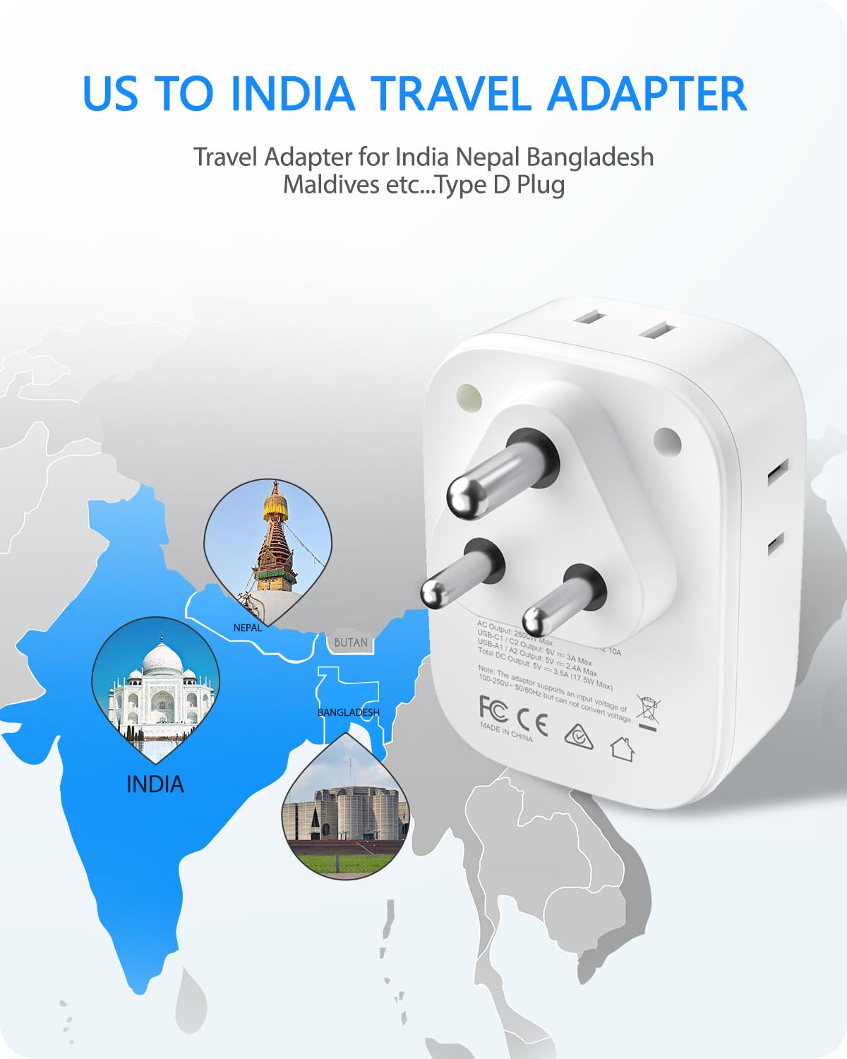 Lencent Us To India Power Plug Adapter, Indian Travel Adaptor With 4 Outlets, 4 Usb Charger(2 Usb C), Type D Plug Converter For