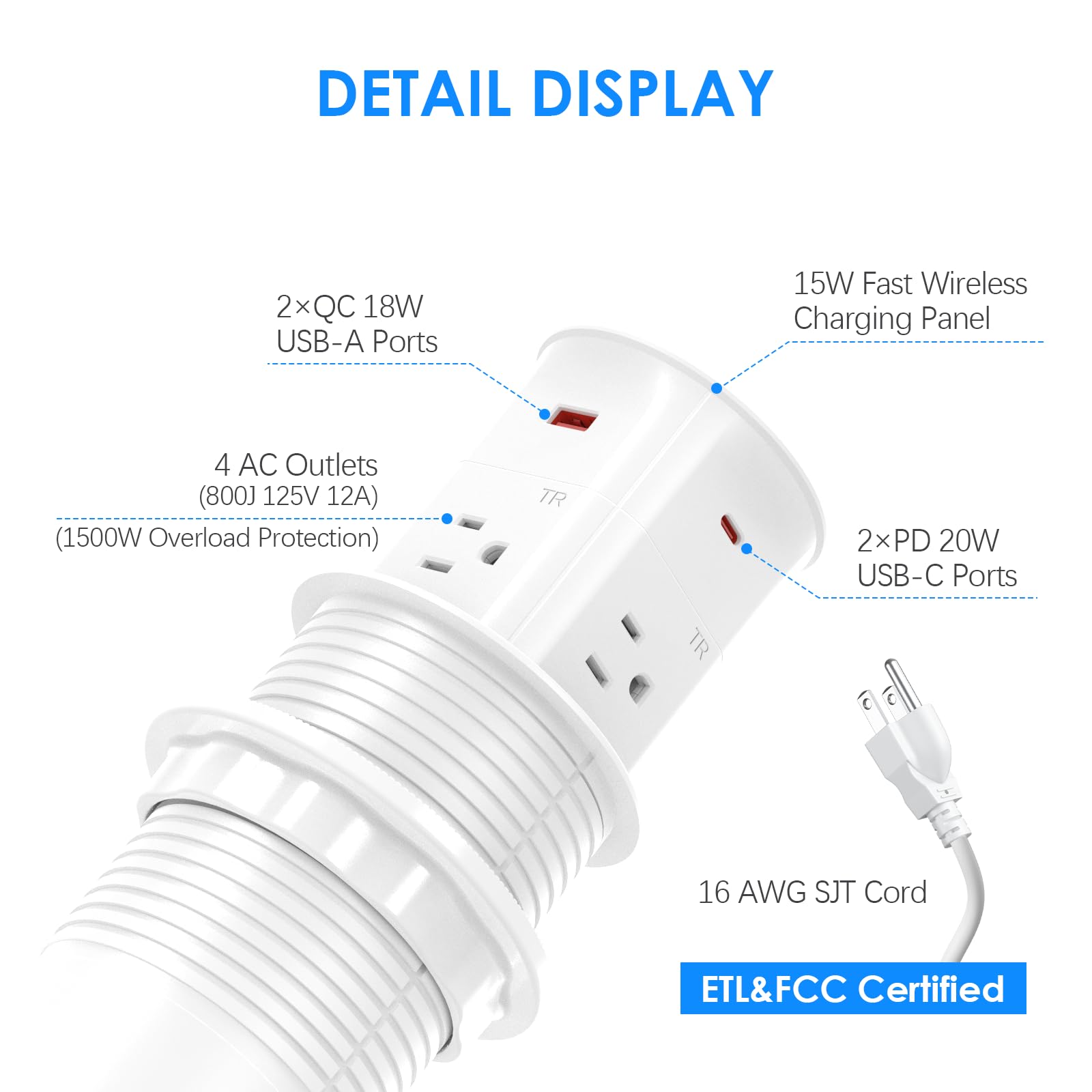 Annquan 3.15'' Pop Up Countertop Outlet With 15W Wireless Charger,Max 20W Power Delivery,800J Surge Protection,Pop Up Electrical