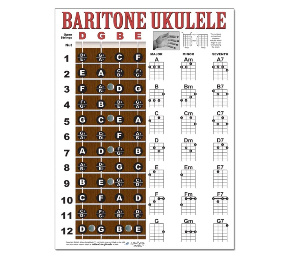 Laminated Baritone Ukulele Fretboard & Chord Chart Easy Instructional Poster Bari Uke Notebook 8.5X11 | A New Song Music