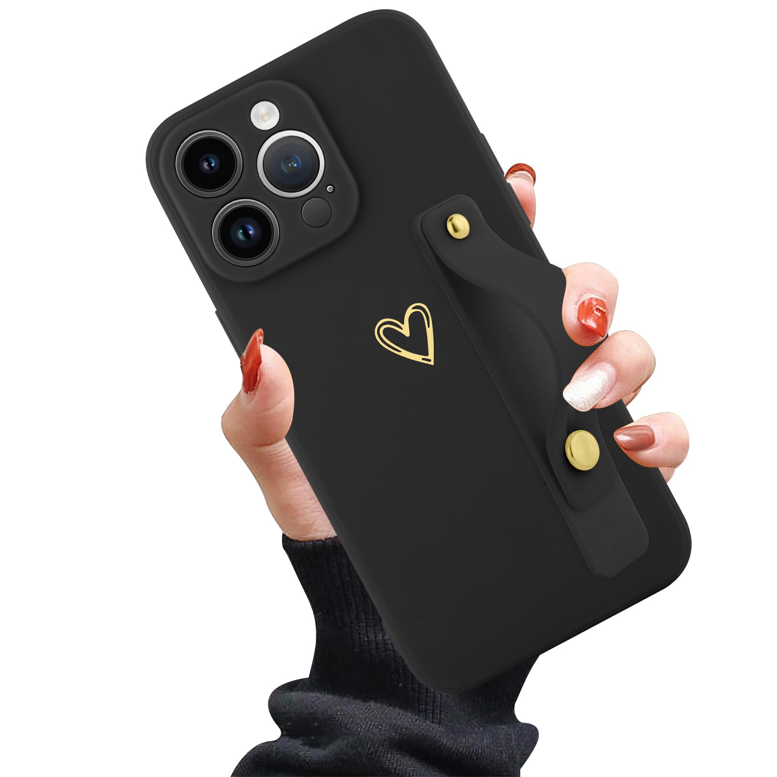 Ufbara Phone Case Compatible with iPhone 15 Pro Max 6.7 Inch for Women Girls, Cute Gold Love Heart Pattern with Wrist Hand Holde