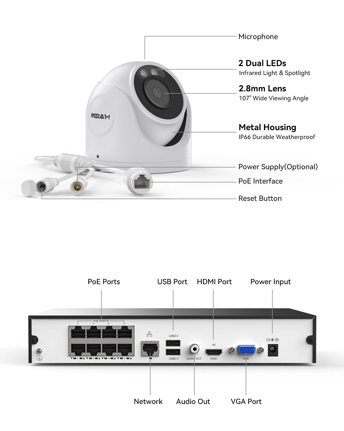 H.View 8 Channels 4K Home Security Camera System, 4Tb Hdd Preinstalled, 8Pcs Outdoor 8Mp Poe Dome Camera, Trigger Color Night Vi
