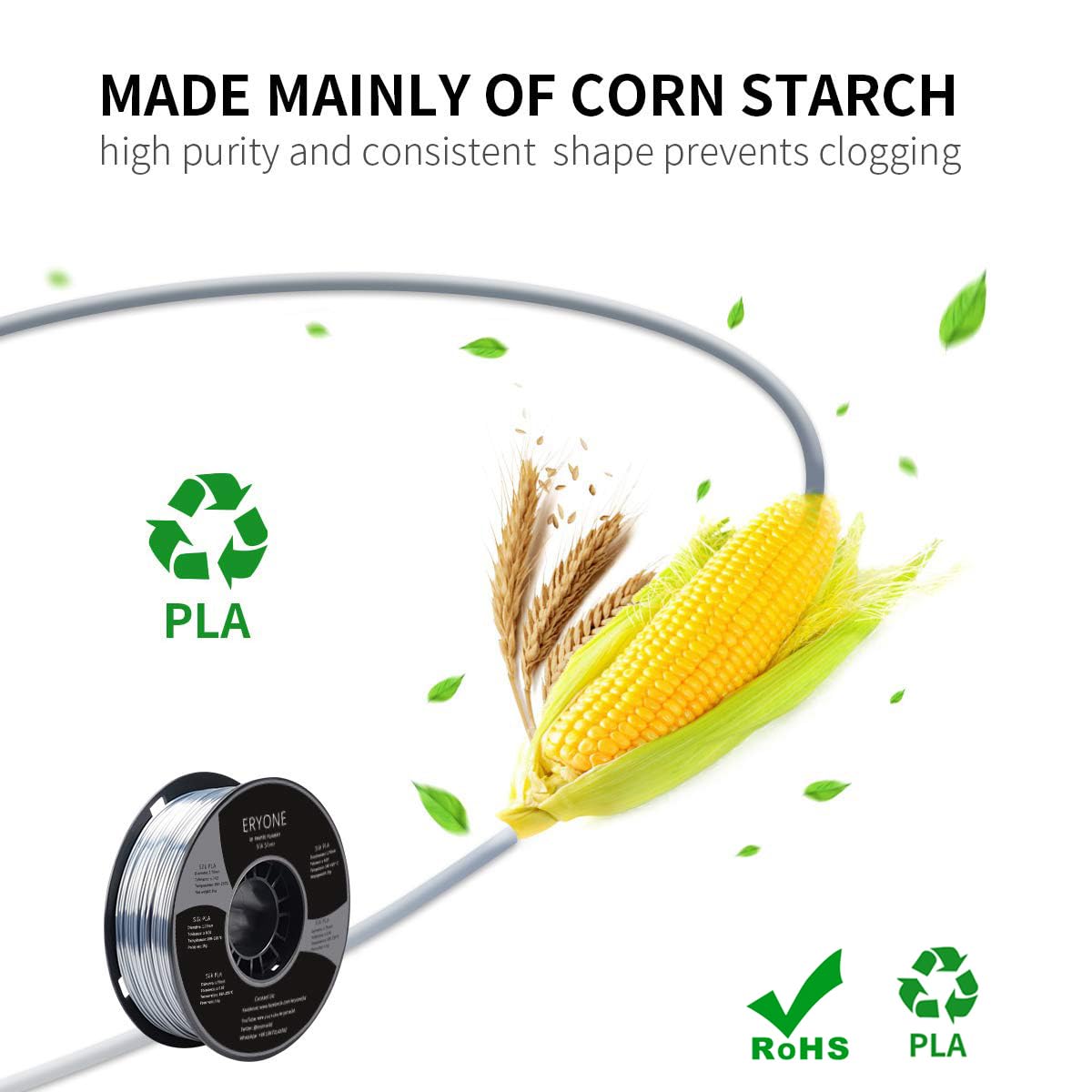 Eryone Silk Pla Filament For 3D Printer, 1.75Mm +/- 0.03Mm, 1Kg (2.1Lbs)/Spool, Silk Silver