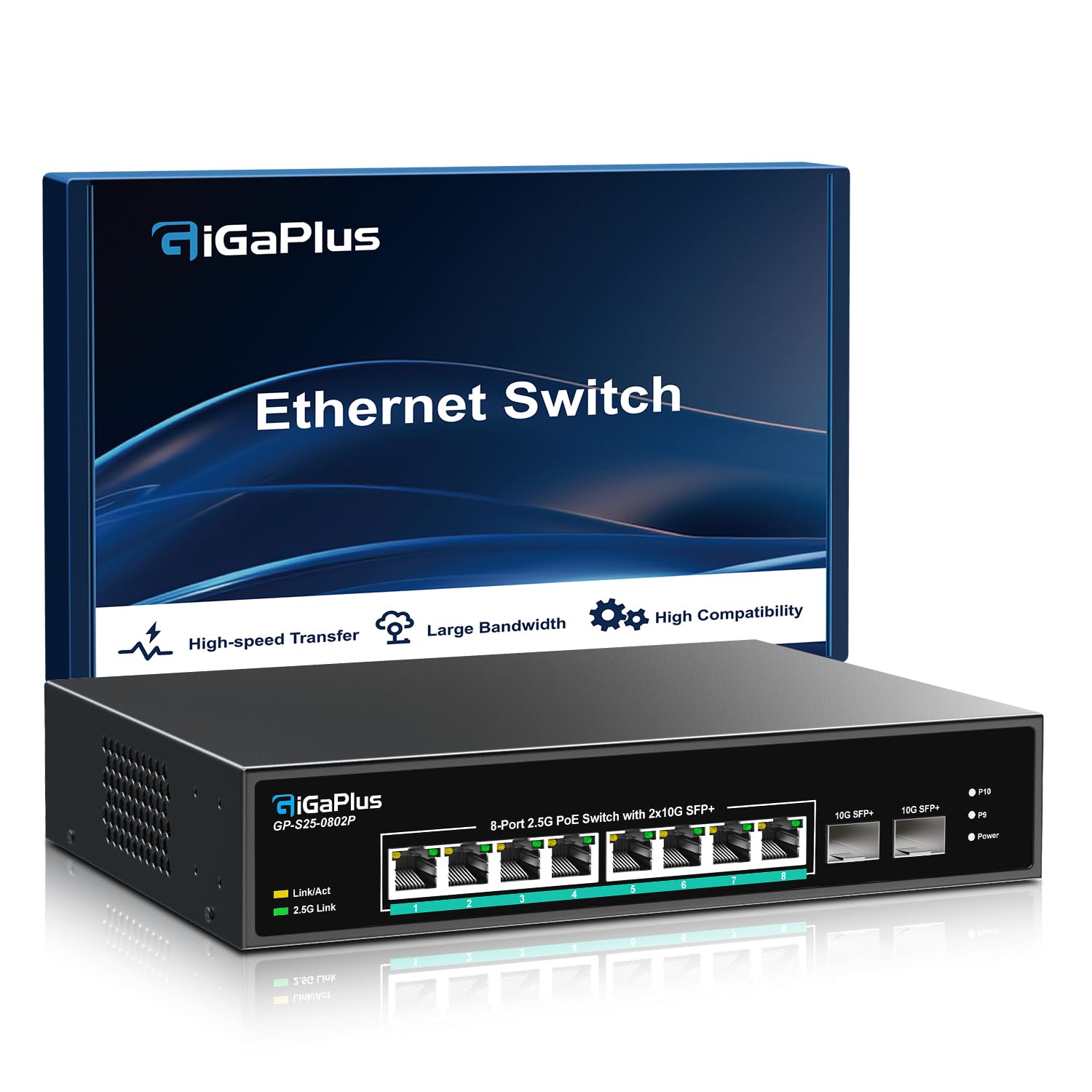 10 Port 2.5Gb Unmanaged PoE Switch with 8*2.5G Base-T PoE Ports, 2*10G SFP+ Uplink, 802.3af/at (PoE+), 80Gbps Switching Capacity