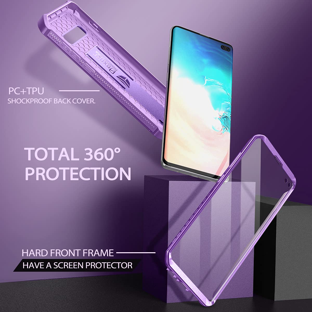Dexnor For Samsung Galaxy S10+ Plus Case, [Built In Screen Protector And Kickstand] Heavy Duty Military Grade Protection Shockpr