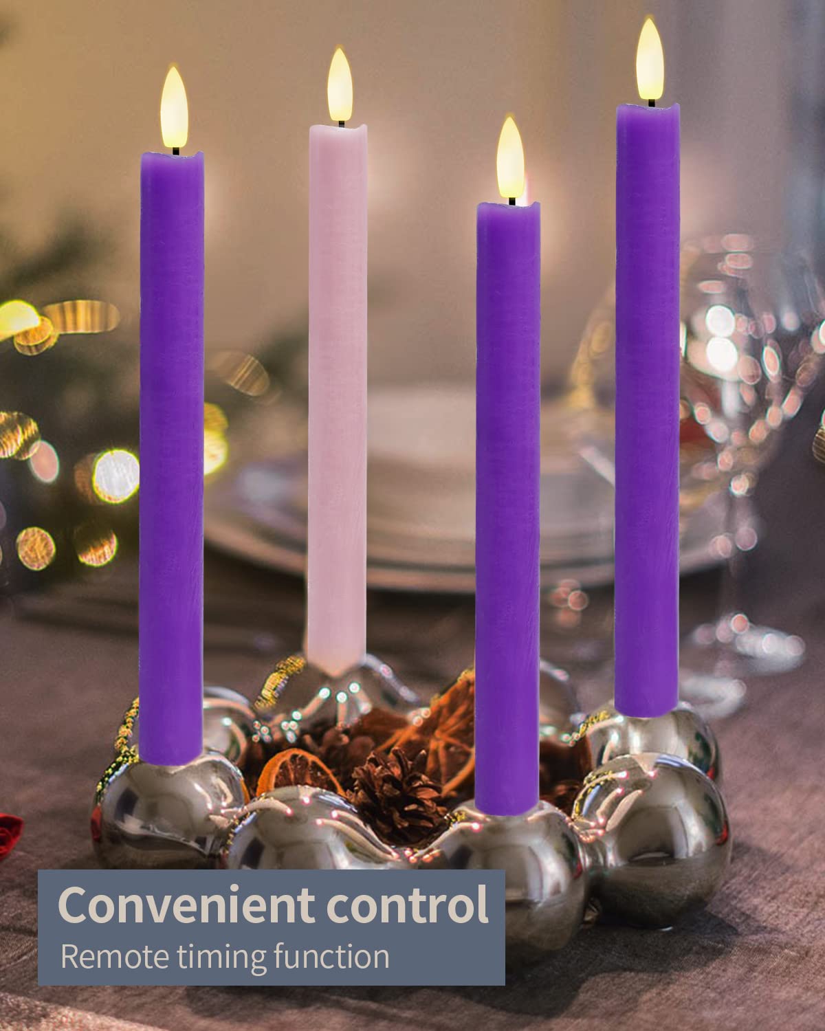 Shymery Flameless Advent Candles,Real Wax Battery Operated Electric Led Taper Candles With Remote Timer, Set Of 4 Purple & Pink