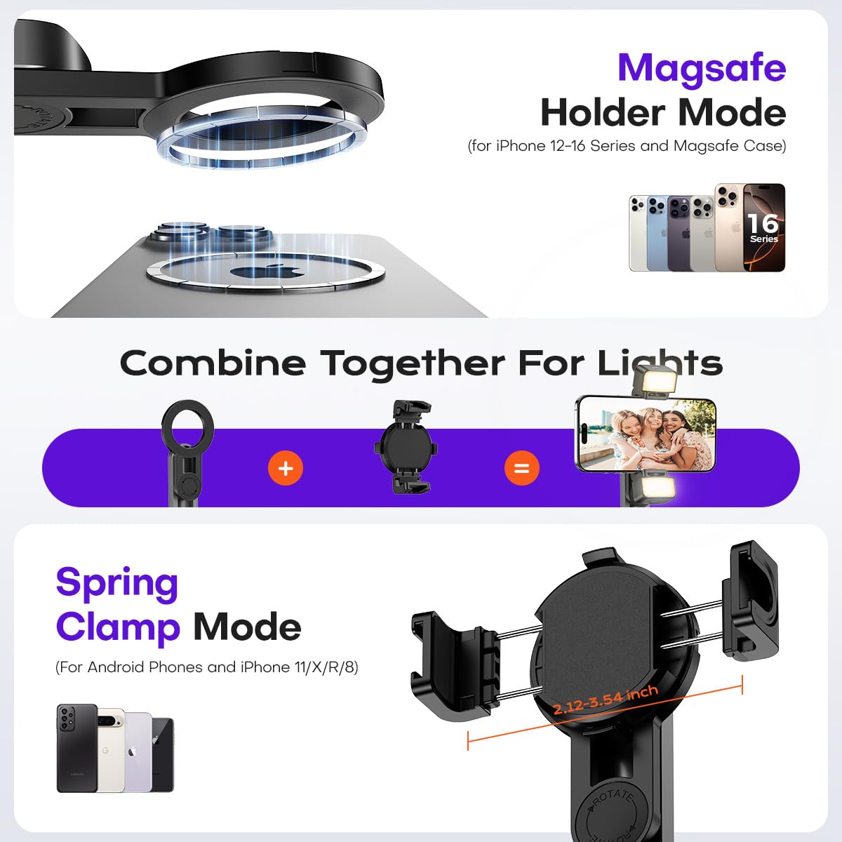 Magnetic Mini Phone Selfie Stick With 2 Fill Light, 360 Rotation Portable Phone Travel Tripod With Remote Control,Magnetic Chuck