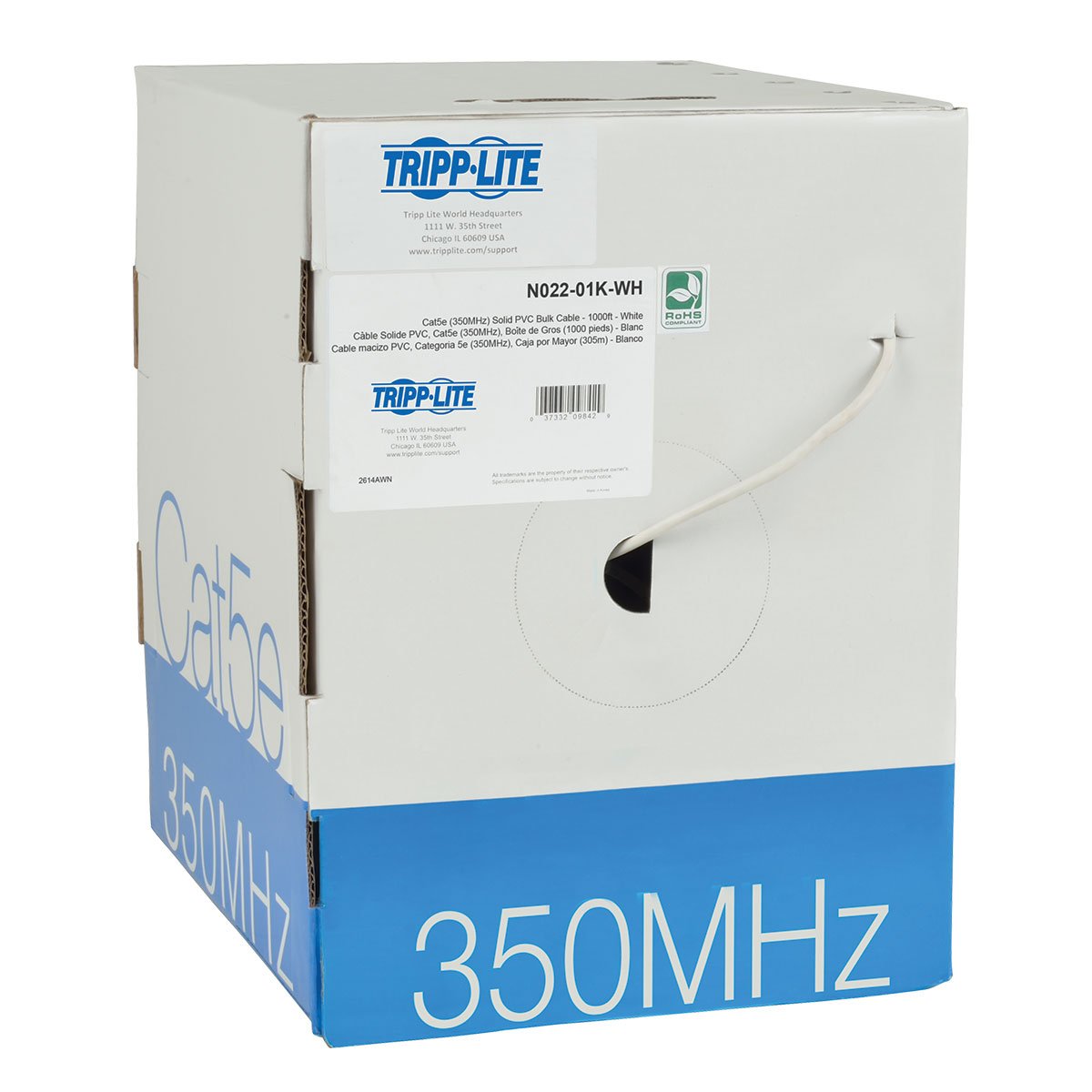 Tripp Lite Cat5/5E Bulk Solid Core Cable, Cmr Rated Pvc, 350 Mhz White, 1000' (N022 01K Wh)