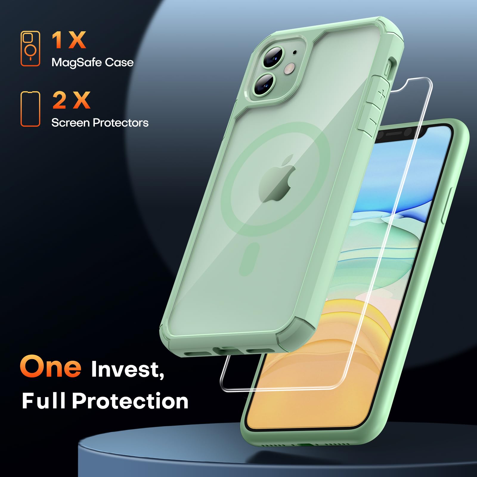 Tauri 3 In 1 Magnetic For Iphone 11 Case Light Green, With 2X Hd Screen Protector, 12 Ft Drop Protection, Compatible With Magsaf