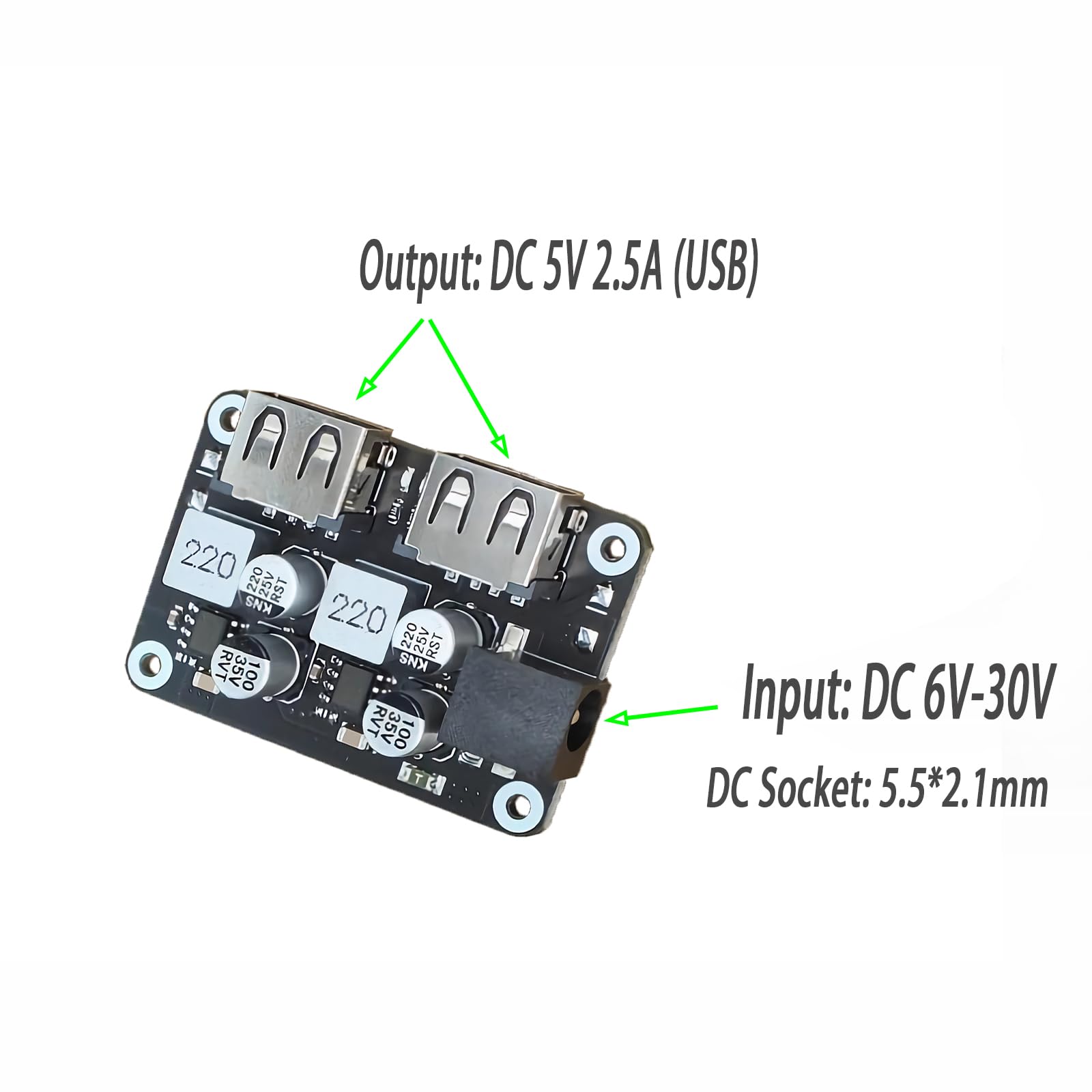 Rptcotu Dc12V To 5V Dc Usb Buck Converter, 2 Usb Port Fast Charger Board Auto Power Supply Adapter Dc-Dc 6-30V 2.5A 12V 24V To 5