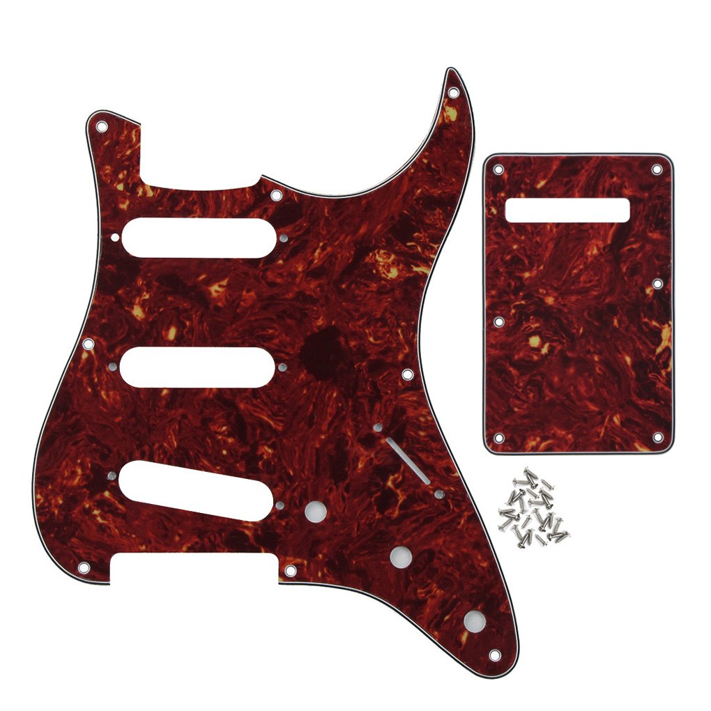 FLEOR SSS 8 Hole ST Pickguard Guitar Backplate Tremolo Cavity Cover with Screw for Vintage ST Style Guitar Parts, 4Ply Red Torto