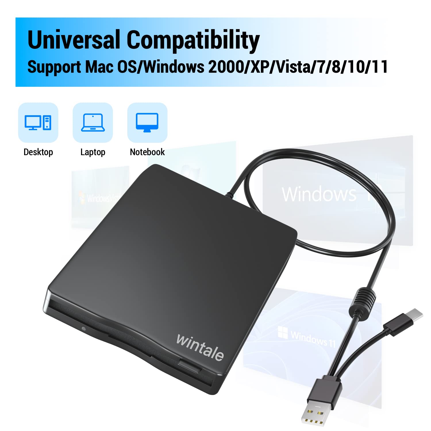 Wintale Usb Floopy Drive,Portable 3.5'' Usb External Floppy Disk Drive,Slim Plug And Play 1.44 Mb Fdd For Pc Windows 2000/Xp/Vis