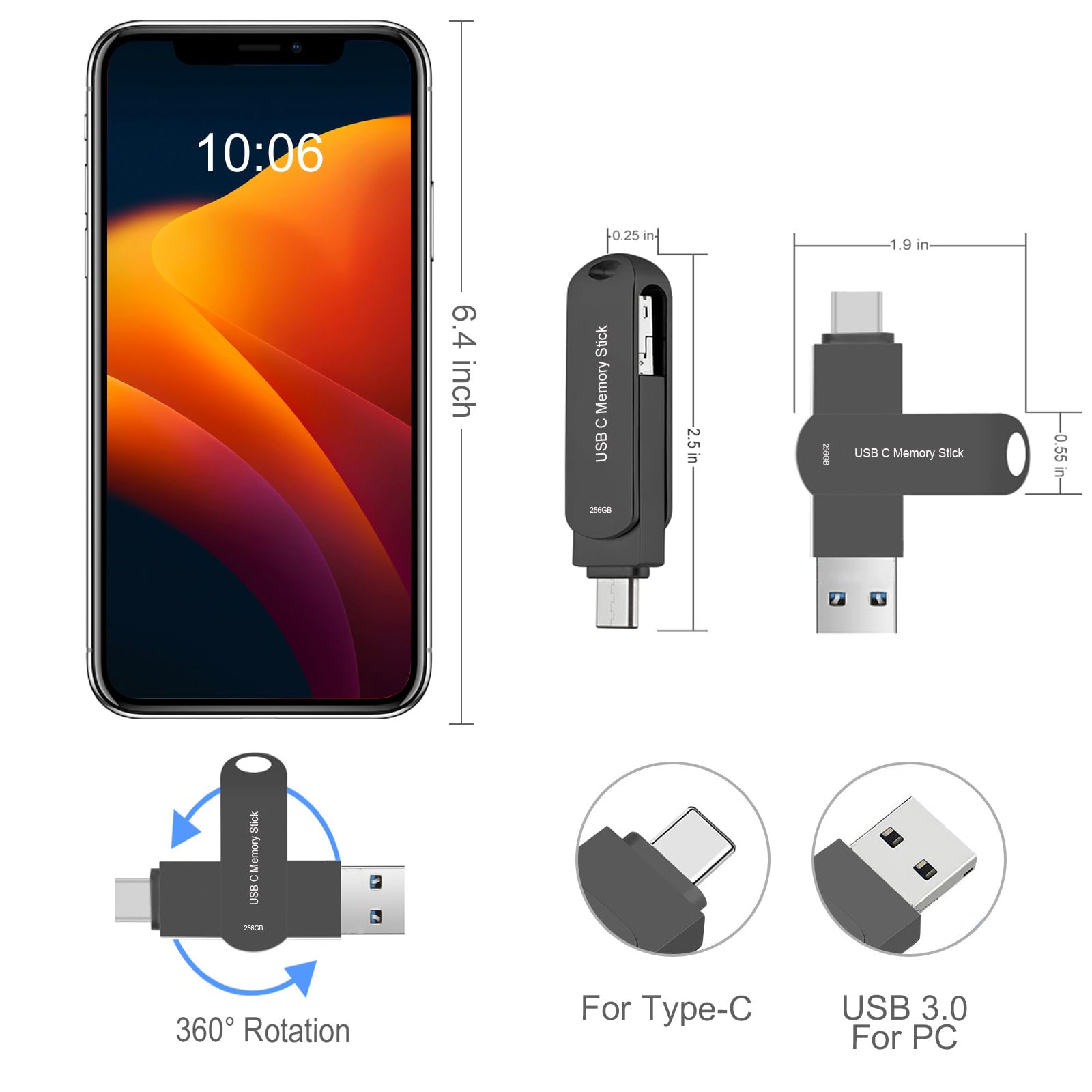 Flash Drive 256Gb For Phone, Hunpins Usb C Thumb Drive 170M/S Hight Speed, Multi Port Memory Stick Compatible Android Phone/Tabl