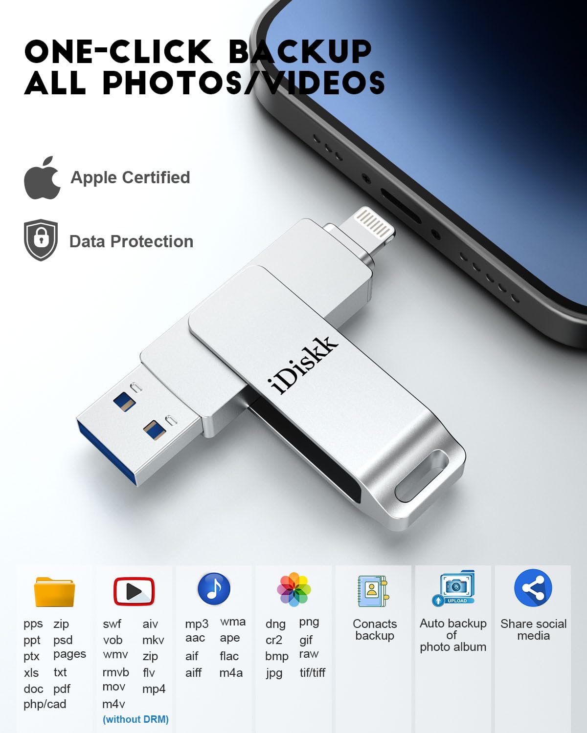 Idiskk 512Gb Mfi Certified,Flash Drive For Iphone, Photos And Videos Iphone Usb Storage,Photo Stick,For Computer Photo Storage Stick Lightning Ipad, Mac/Pc Flashdrive For Your Iphone (Auto Backup)