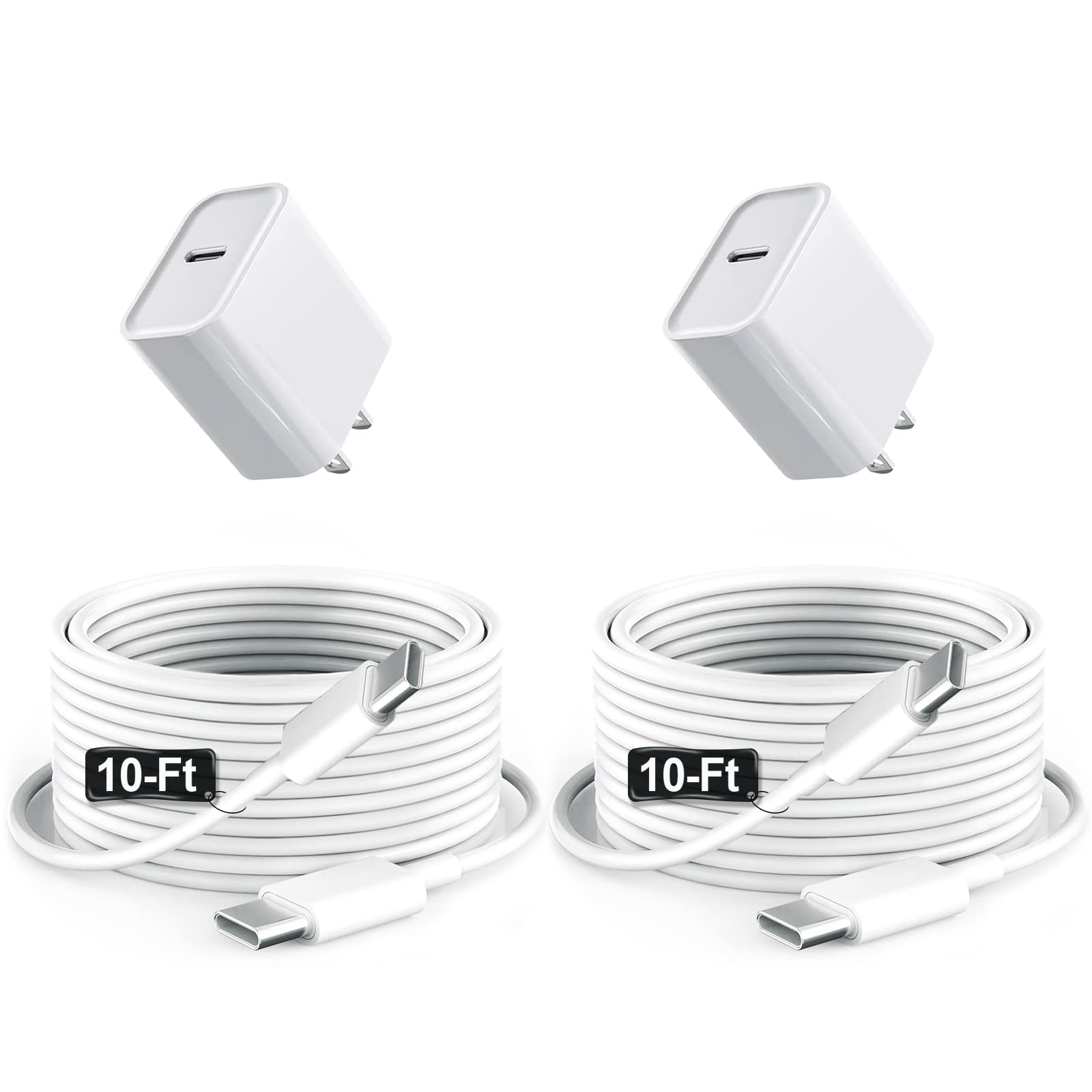 10Ft For Ipad Charger Fast Charging, Ipad Pro Charger, Ipad 10Th Generation/ 13/12.9/11/ 10.9 Inch, Air 5Th/ 4Th, Mini 7 6Th, 20W Tpyc C Block Long Usb C To C Cable For Iphone 16/15,2 Pack White