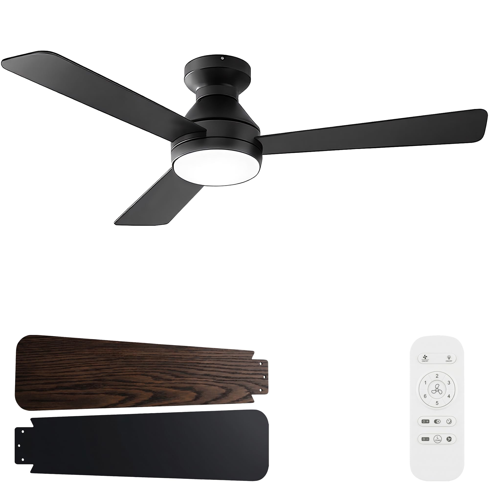 KXTVBR Ceiling Fan with Light, 42 Inch Low Profile Flush Mount Ceiling Fan with Remote, 3CCT, 6 Speed Noiseless, Dimmable, Rever