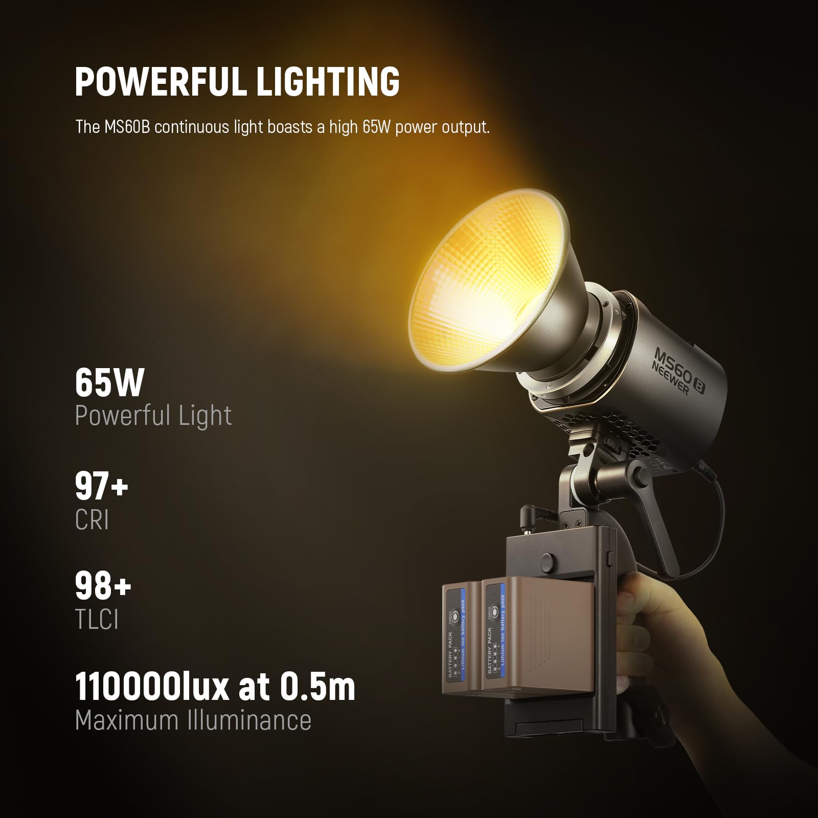 Neewer Ms60B 65W Cob Led Video Light With Battery Kit, 2.4G/App Control, 2X 7800Mah Np F970 Battery Pd Fast Charging, 2700K 6500