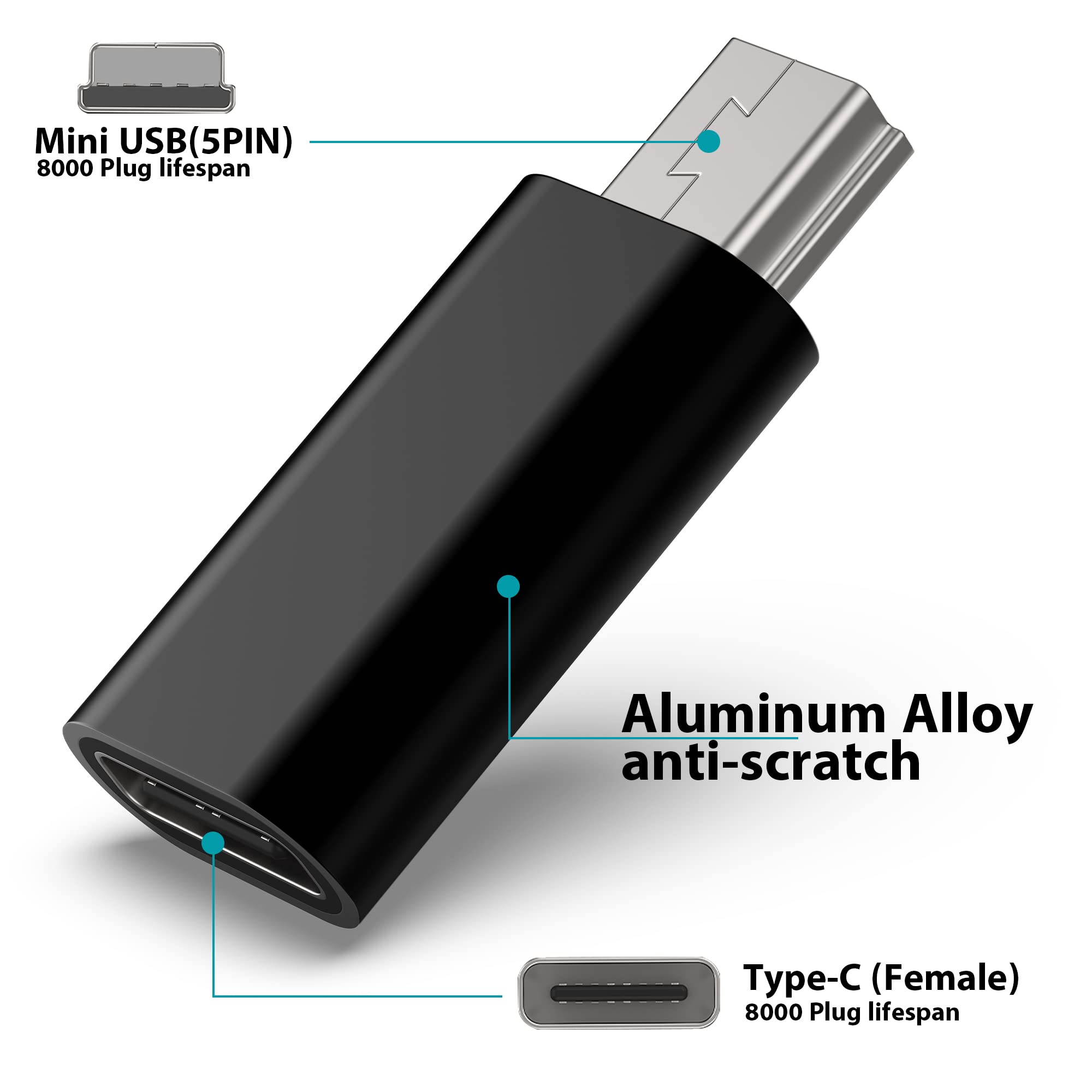 Usb C To Mini Usb Adapter, Type C Female To Mini Usb 2.0 Male Convert Connector Support Charge & Data Sync Compatible Gopro Hero 3+, Mp3 Players, Dash Cam, Digital Camera, Receiver Etc(2 Pack) Black