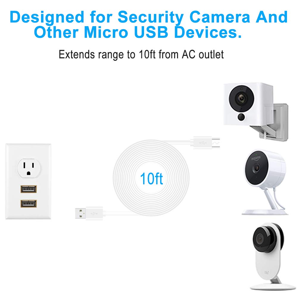 10Ft Usb Power Extension Cable For Wyze Cam,Wyzecam Pan,Yi Camera,Nestcam Indoor,Netvue,Kasacam,Furbo Dog,Blink,Cloud Cam,Long U