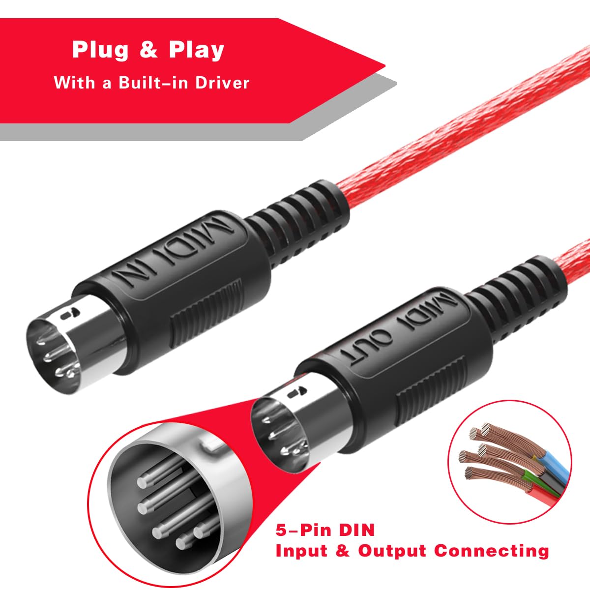 FORE MIDI to USB Interface - 6.5ft Red Cable, Compatible with iOS/Android, Windows/Mac, Works with MIDI Devices and Keyboards