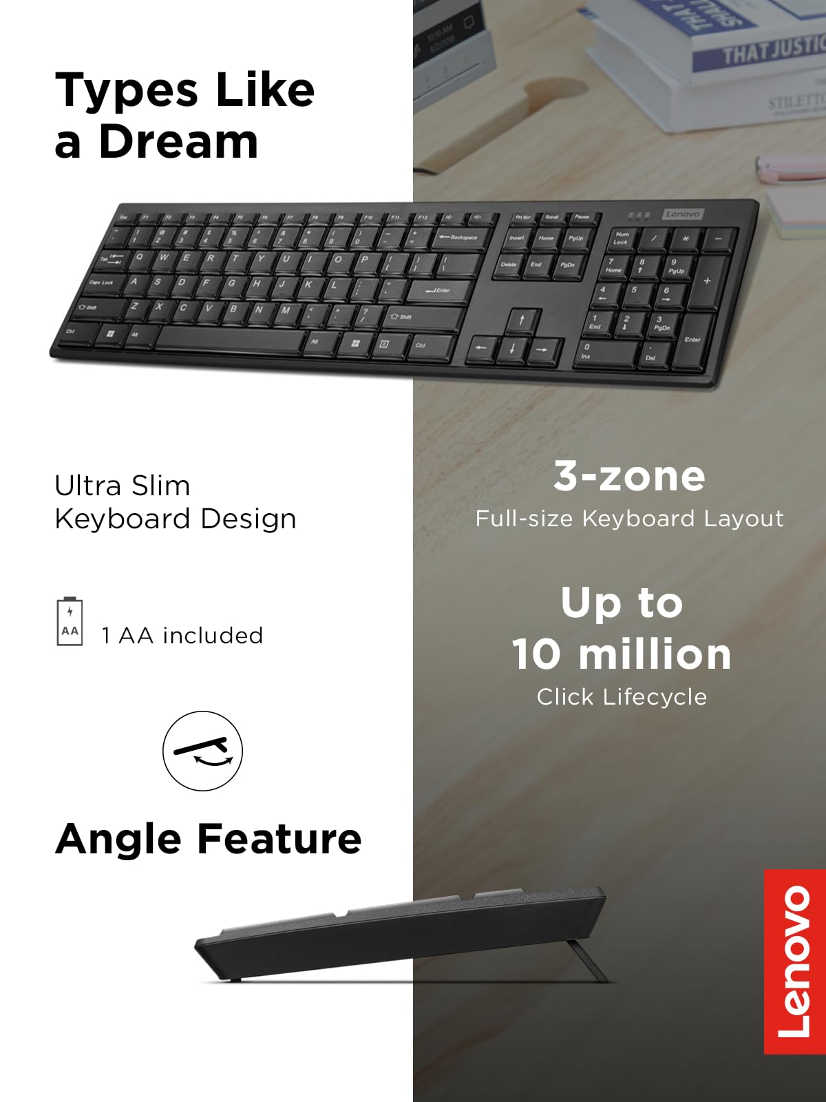 Lenovo - Wireless Compact Keyboard- 100 Cordless Keyboard For Pc, Laptop With Windows - Cordless Connection - Silent Key Clicks,