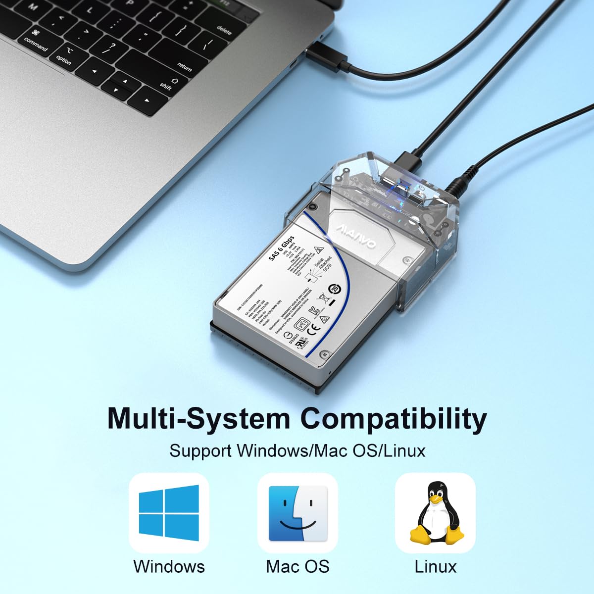 Maiwo Sas To Usb C Adapter Enclosure(Max 6Gbps),Tool Free 2.5 Inch Sas/Sata External Hard Drive Enclosure With 6Tb Storage Expansion,12V3A Power Supply, Plug And Play