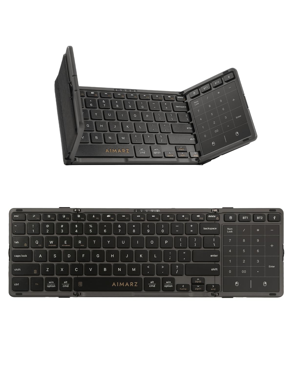 AIMARZ AF01 Foldable Keyboard, FullSize Keys, Touchpad/Number Pad, Black