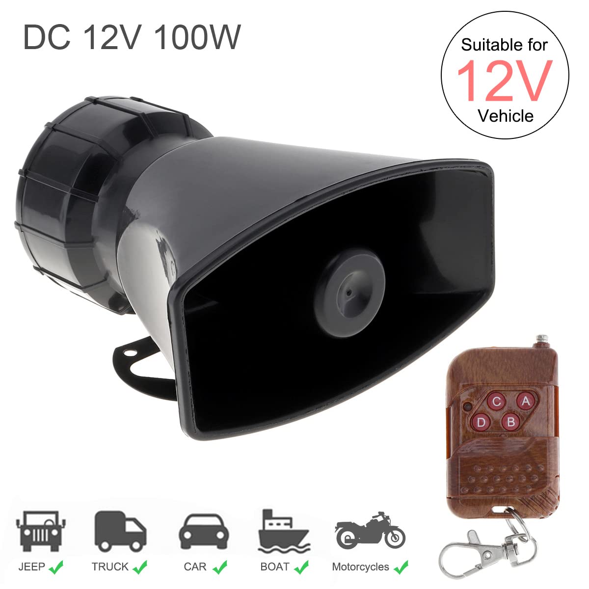 Epathchina 7 Sounds Loud Car Warning Alarm Police Fire Siren Horn Speaker With Brown Remote Controller 12V 100W