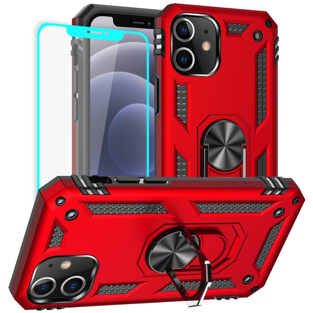 Yiakeng for iPhone 12 Case / 12 Pro Case: Screen Protector Military Grade Protective Cases with Ring for - iPhone 12 (Red)