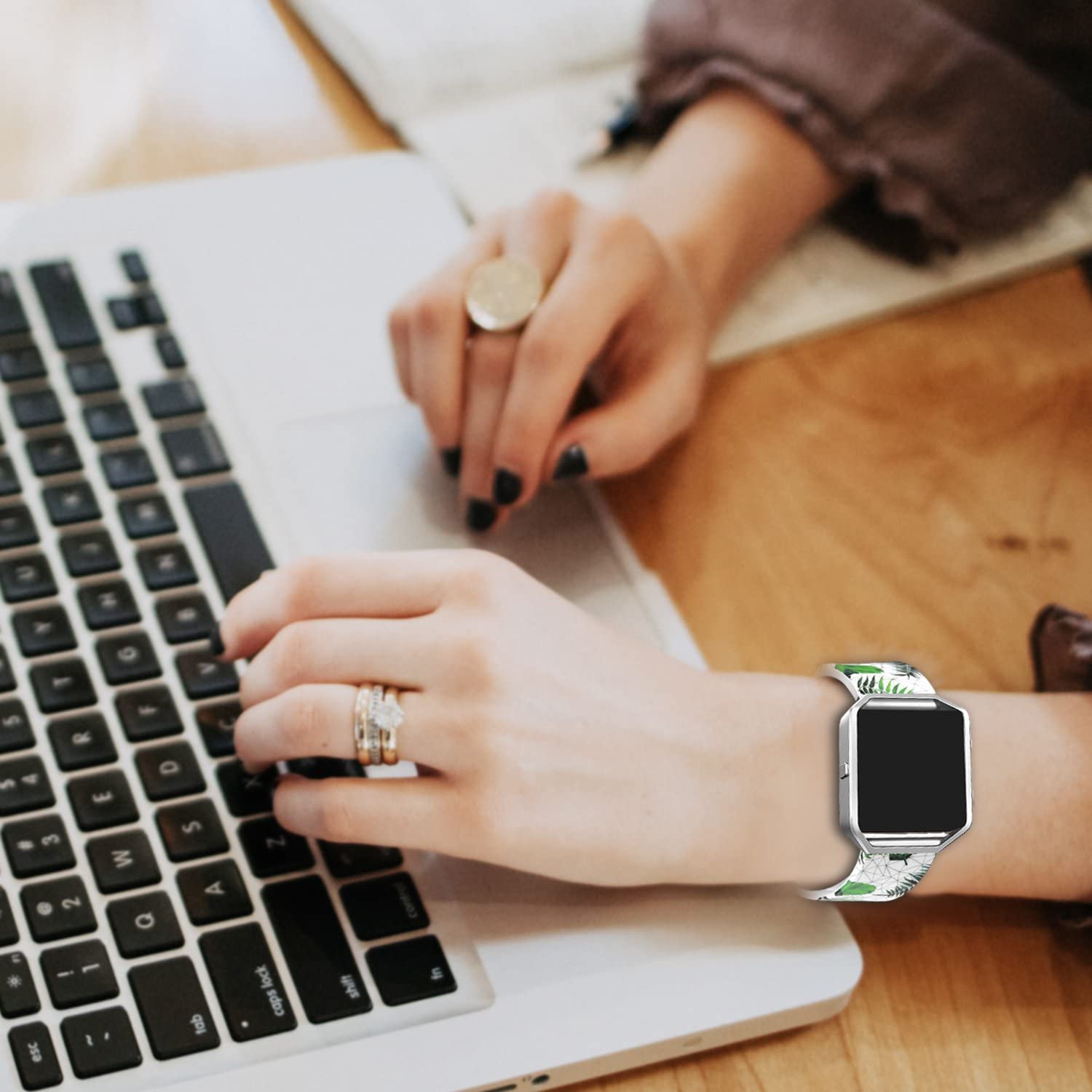 Asohsen Women Flower Strap For Fitbit Blaze Bands, Genuine Soft Leather Replacement Wristband Bracelet Metal Frame For Fitbit Bl