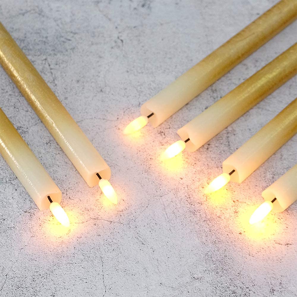 Wondise Flickering Flameless Taper Candles With Remote And Timer, Battery Operated Real Wax 3D Flame Gold Candles For Wedding Ho