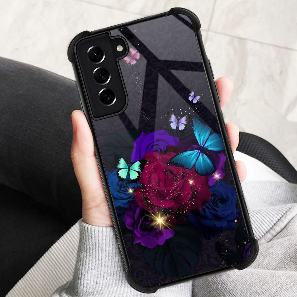 ZHEGAILIAN Phone Case for Samsung Galaxy S21 Plus 5G Butterfly Roses Design TPU Organic Glass Blue Red 6.7-inch