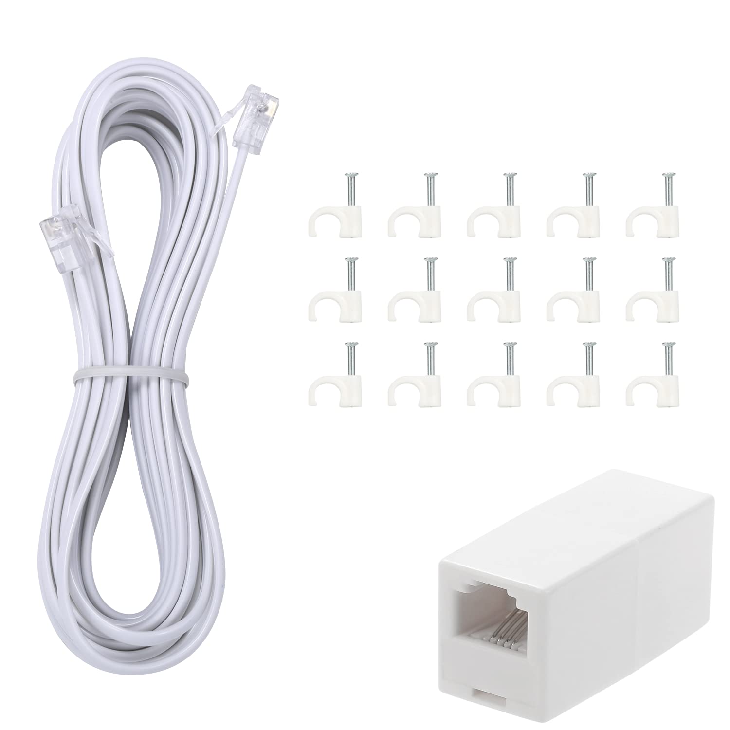 Toyayayo Long Telephone Extension Cord Phone Cable Line Wire, With Standard Rj11 Plug And 1 In Line Couplers And 15 Cable Clip H