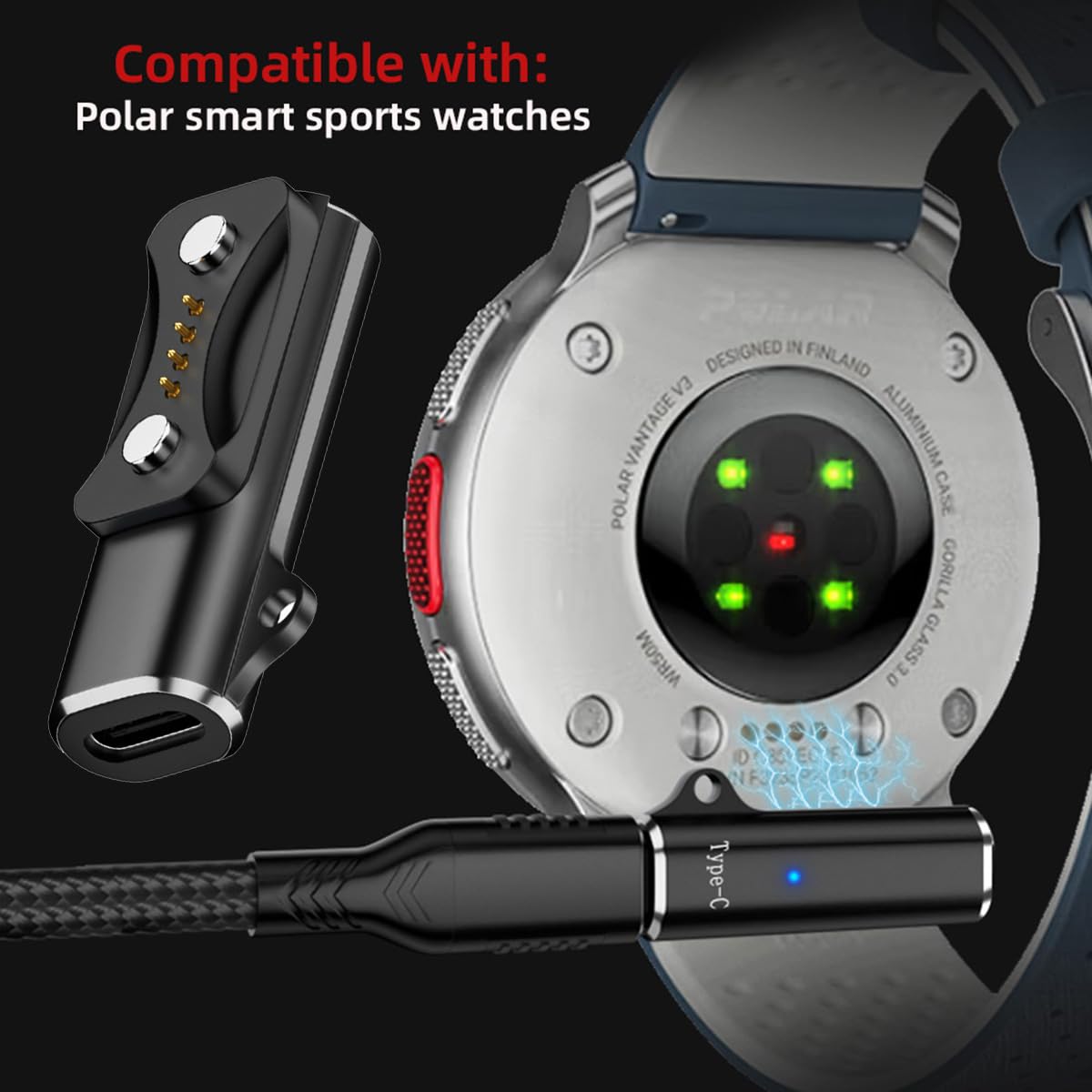 Cy Connector 2Pcs/Lot Magnetic Smart Watch Charging Adapter Usb Type-C To 2-Pin Compatible With Polar Vantage V3 M3 Pacer Pro Ig