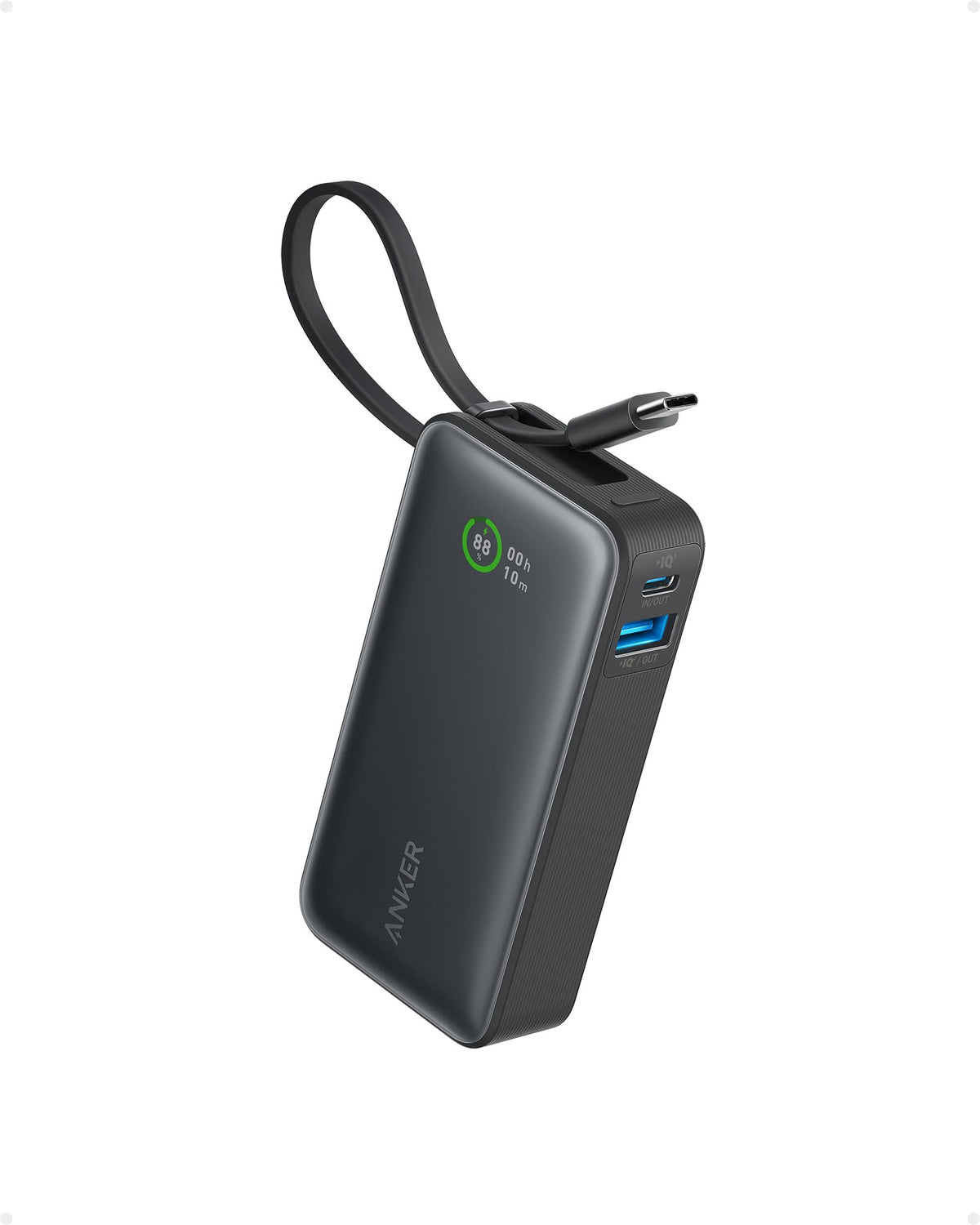 Anker Nano Power Bank, 10K Portable Charger With Built In Usb C Cable, Pd 30W Max Output With 1 Usb C, 1 Usb A, Compatible For I