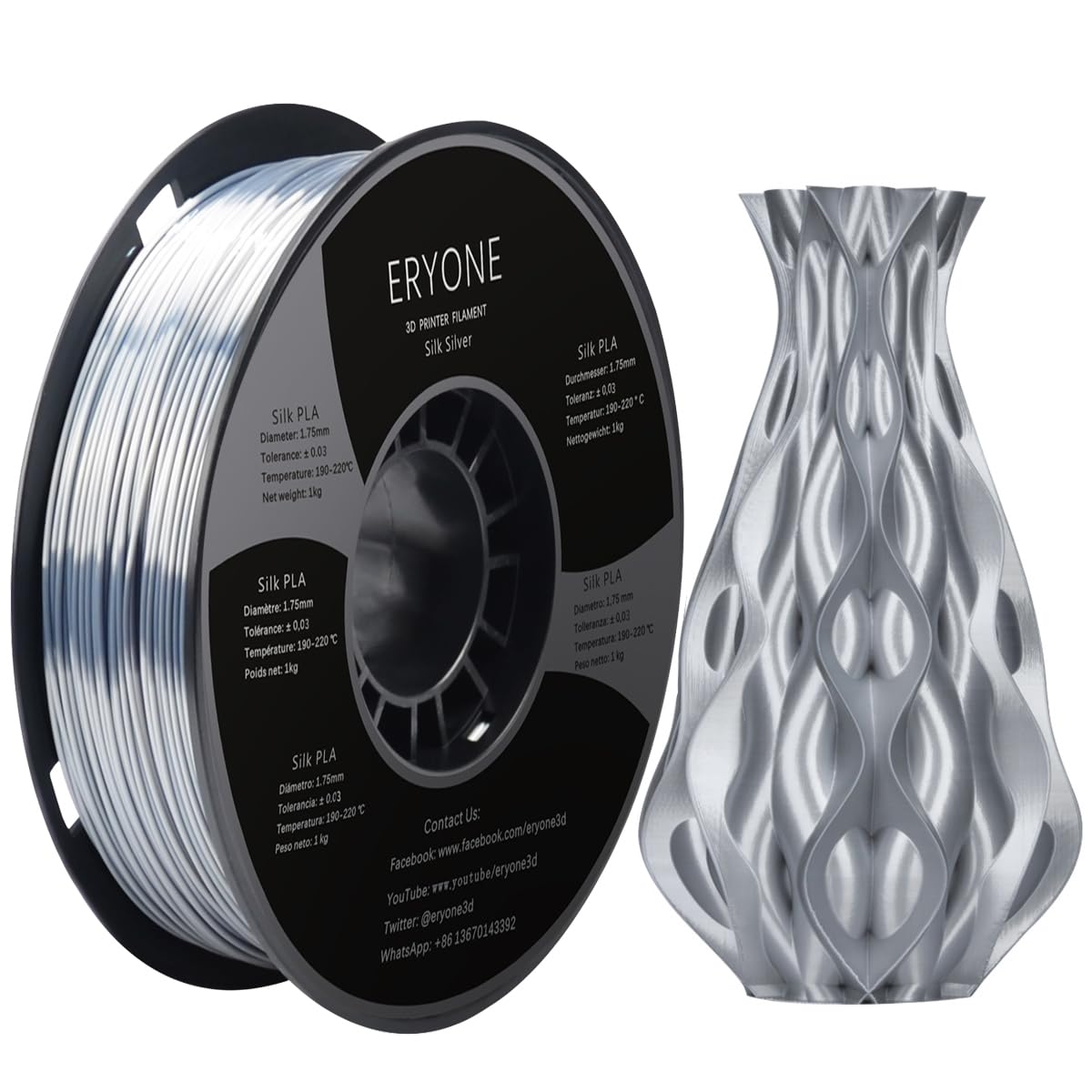 ERYONE Silk PLA Filament for 3D Printer, 1.75mm +/- 0.03mm, 1kg (2.1LBS)/Spool, Silk Silver