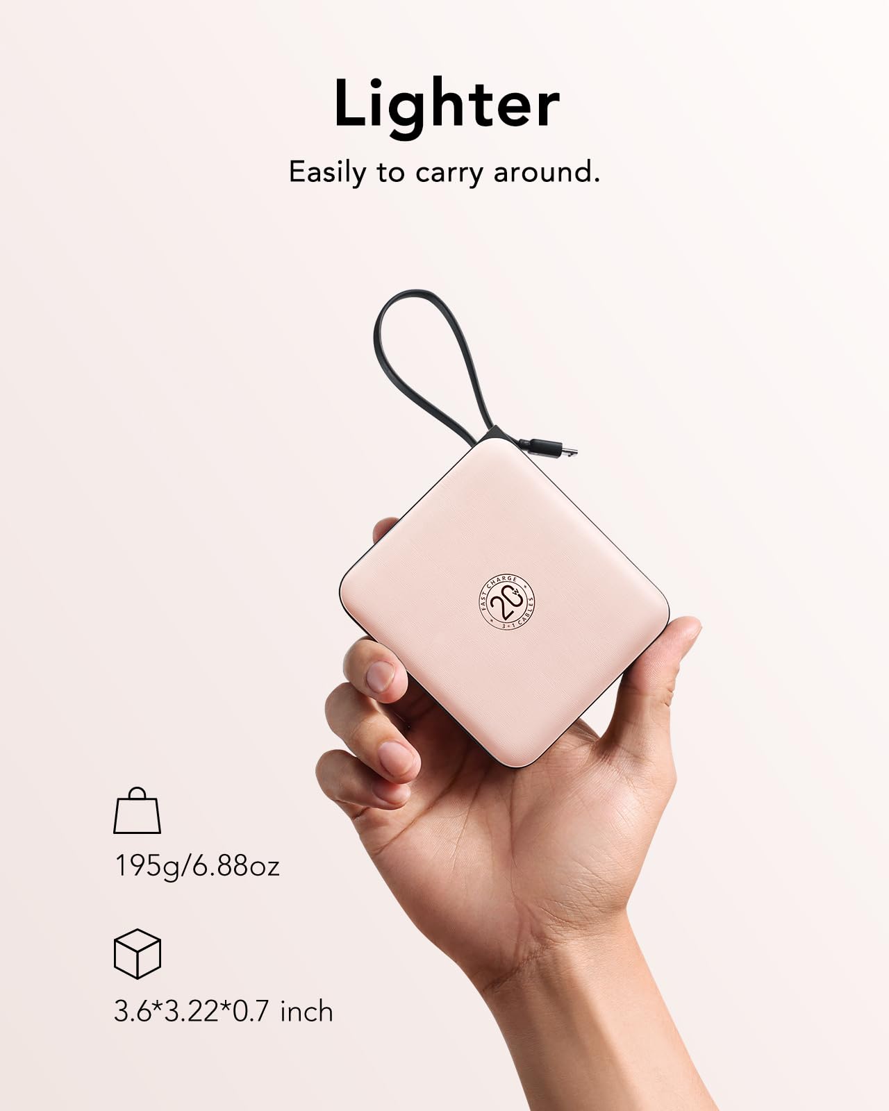 Vrurc Mini Portable Charger, 22.5W Usb C Fast Charging 10000Mah Pocket Power Bank With Built In Cable, Battery Pack For Iphone 1