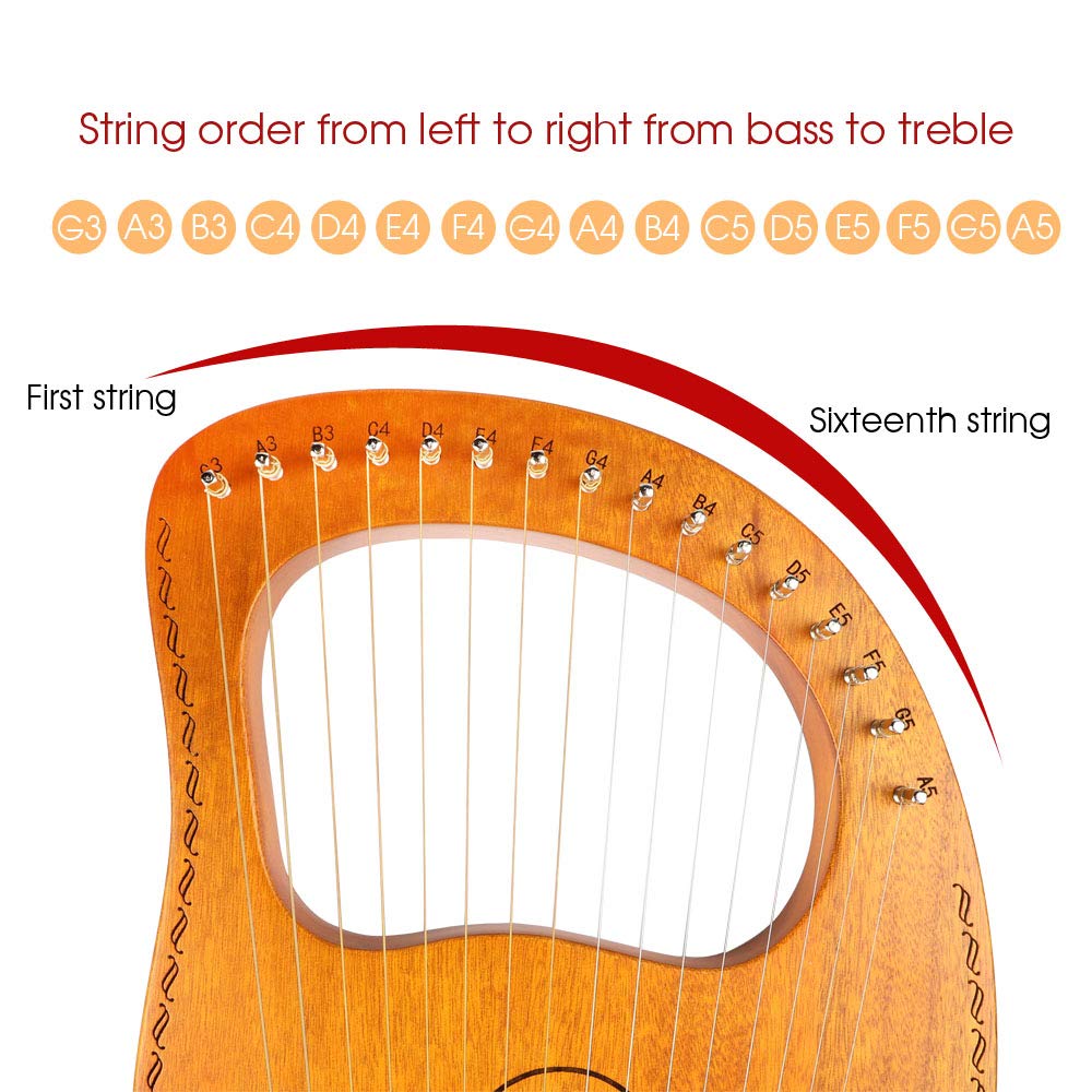 Mr.Power Lyre Harp Ancient Greece Style 16 Metal Strings Lyre With Tuning Wrench Extra String Set And Gig Bag (16 String, Natural Wood)