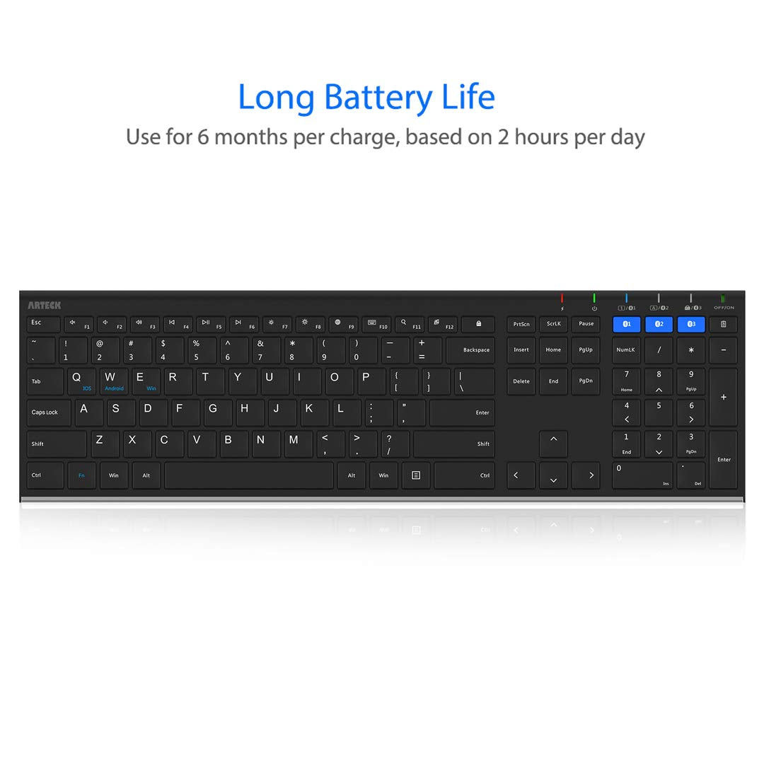 Arteck Hb192 Universal Bluetooth Keyboard Multi Device Stainless Steel Full Size Wireless Keyboard For Windows Ios Android Compu