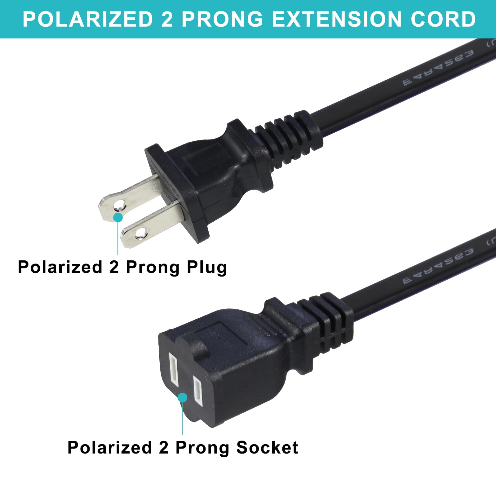 2Ft Polarized 2Prong Extension Cord   Black Replacement Us Ac Two Prong 13A 125V Power Extension Cable, Short Small Low Profile